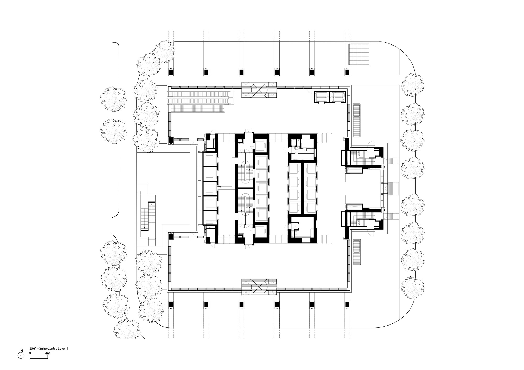 Ground floor plan drawing showing central core with surrounding rooms and perimeter colonnade