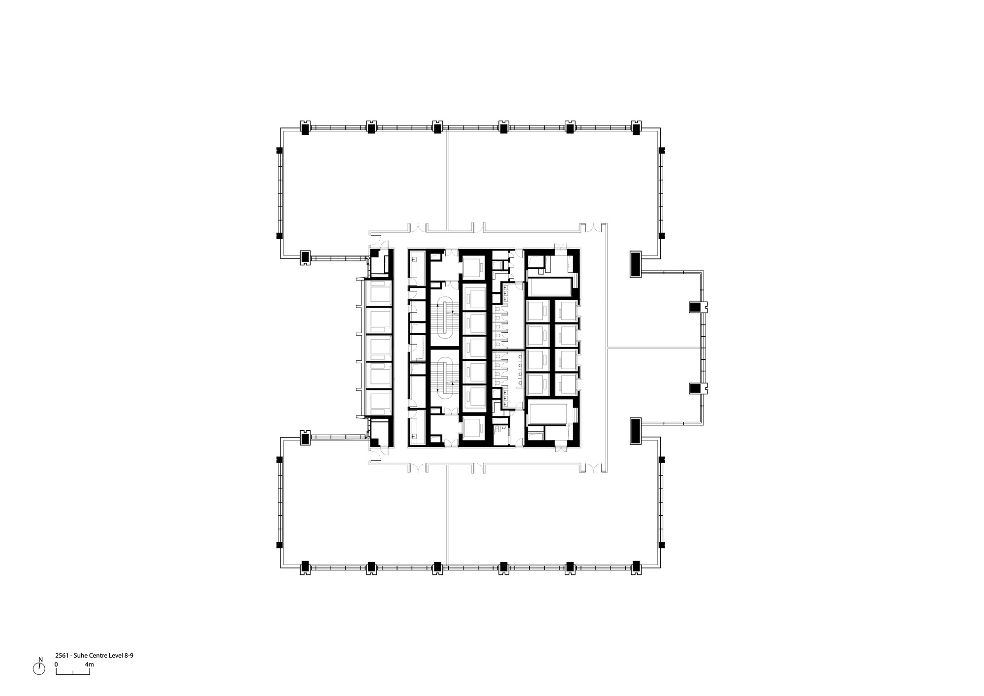 Floor plan drawing showing rectangular perimeter with clustered rooms around a central volume