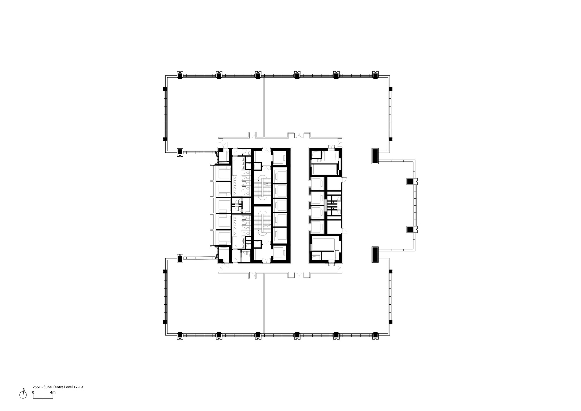 Floor plan showing central core with stairwells flanked by linear room arrangements and perimeter columns