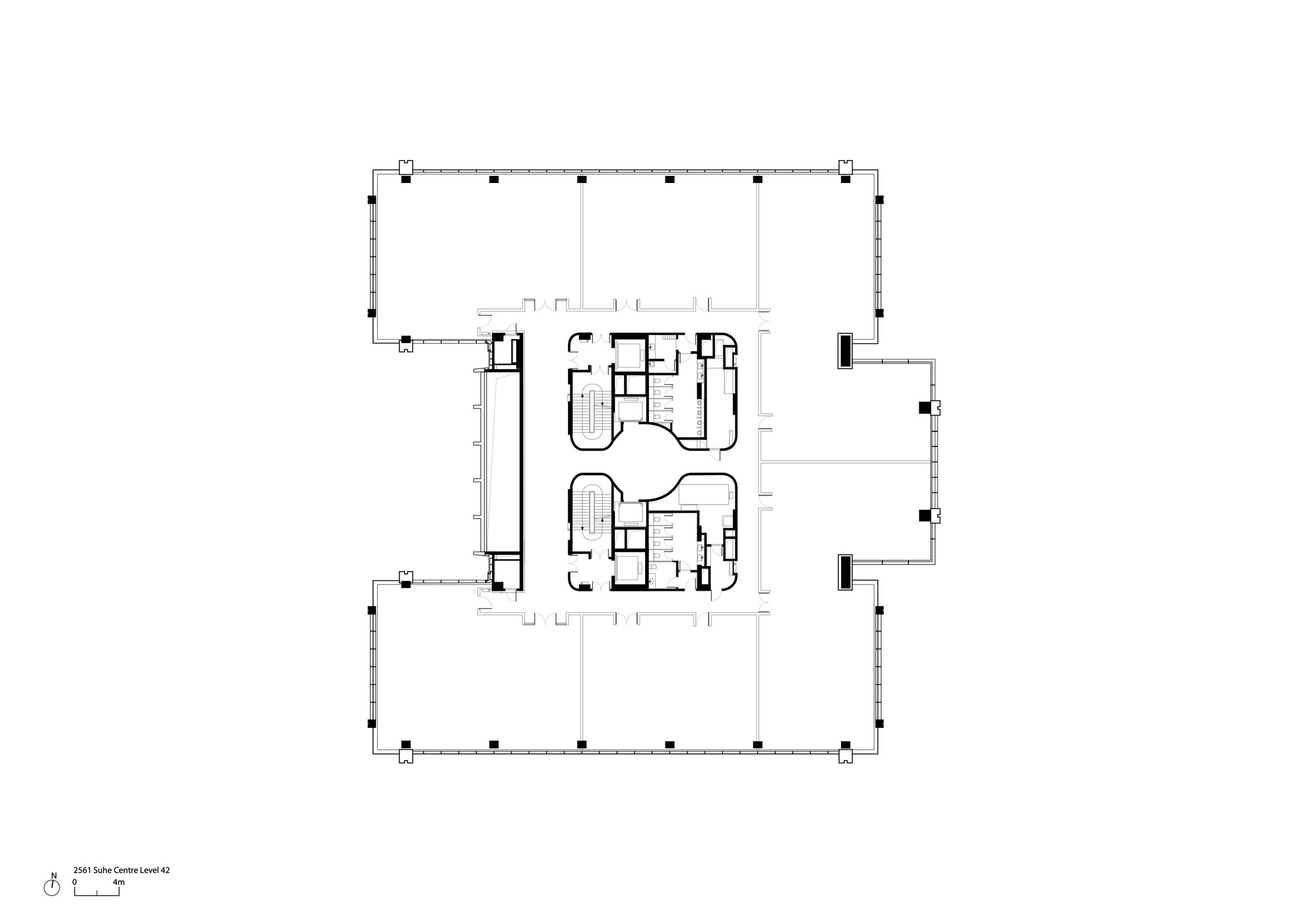 Floor plan drawing depicting a square floor plate with curved interior volumes and projecting side bars
