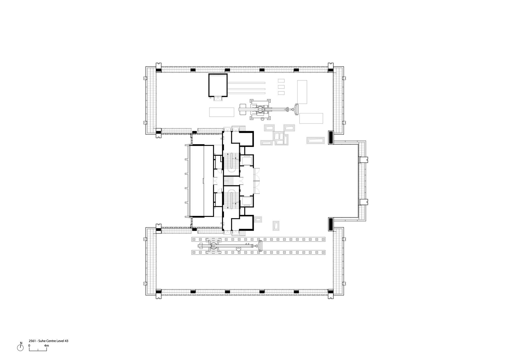 Floor plan drawing revealing large open floor plates flanking a compact central service core