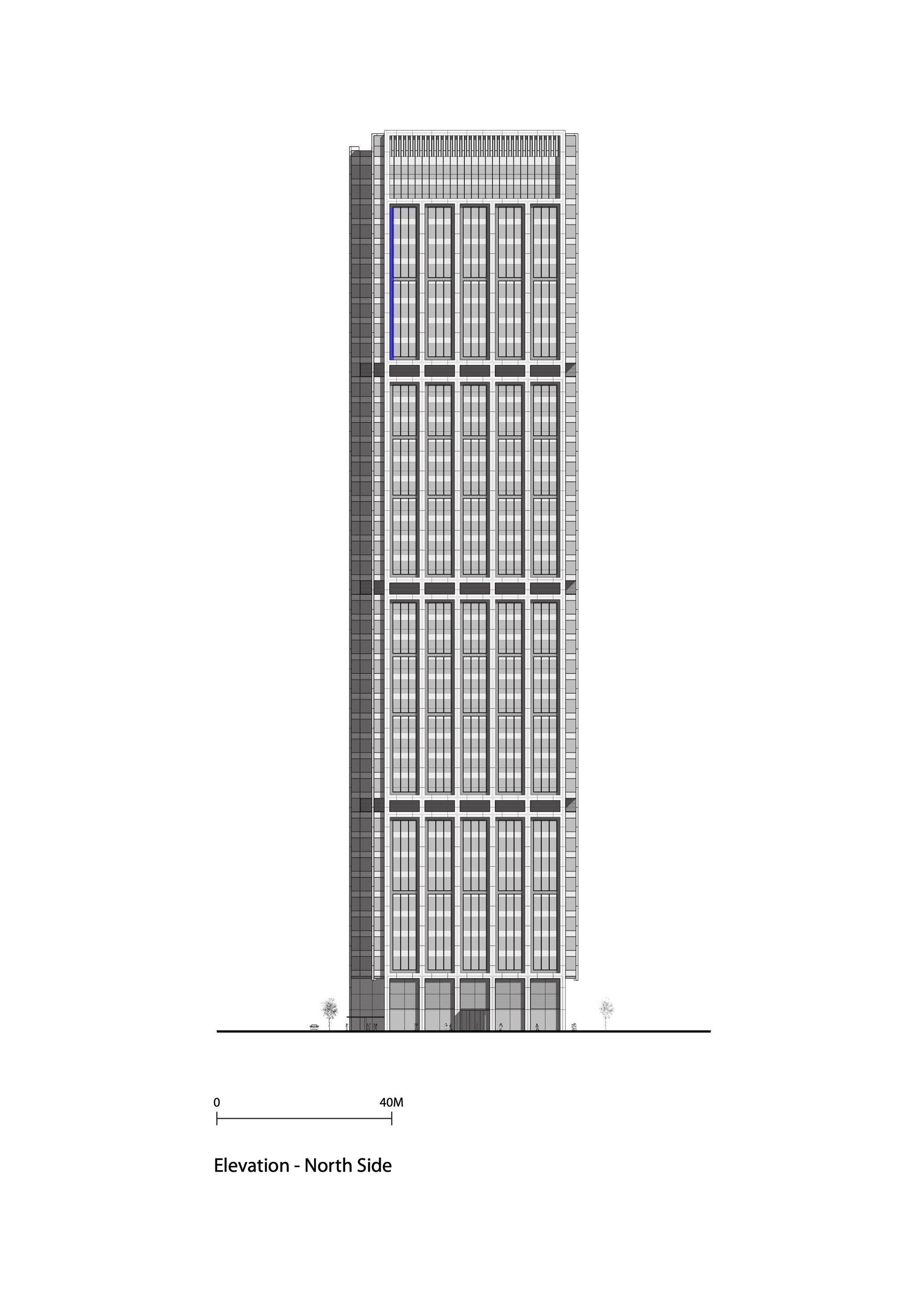 North elevation drawing of a tall tower with vertical grid facade and prominent corner massing