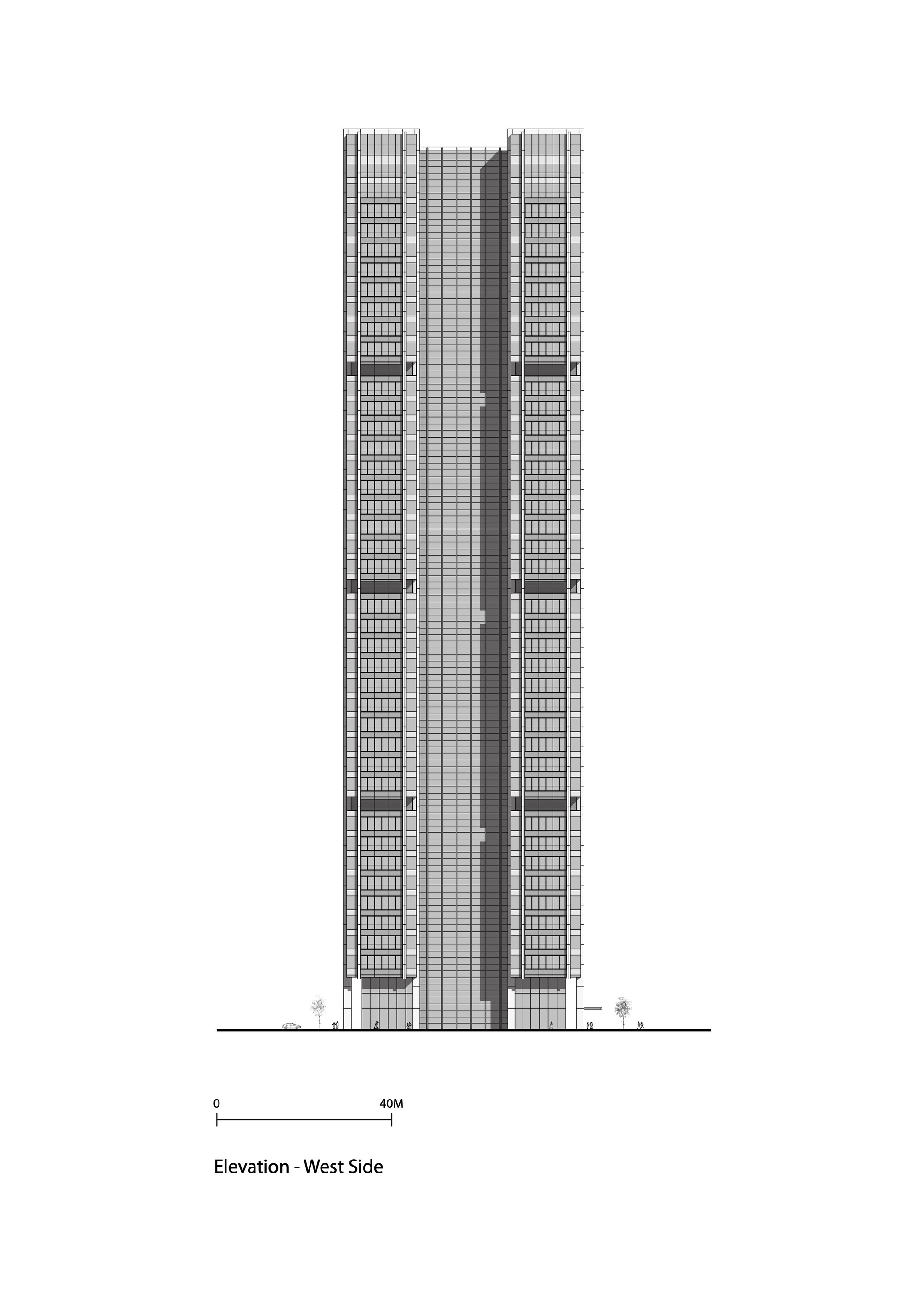 West elevation drawing depicting the slender tower pair with vertical glass spine and lateral grid structure