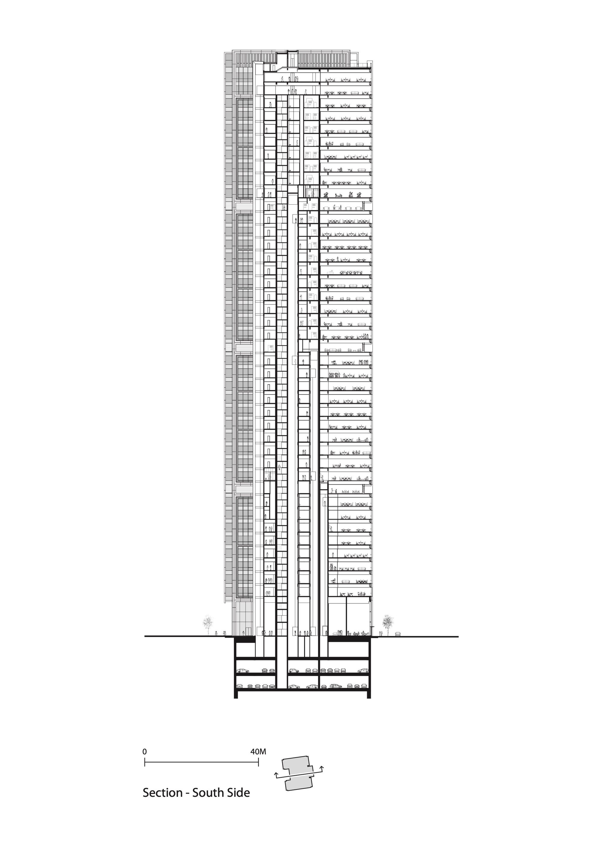 South section drawing showing single tower volume above a podium with underground parking levels