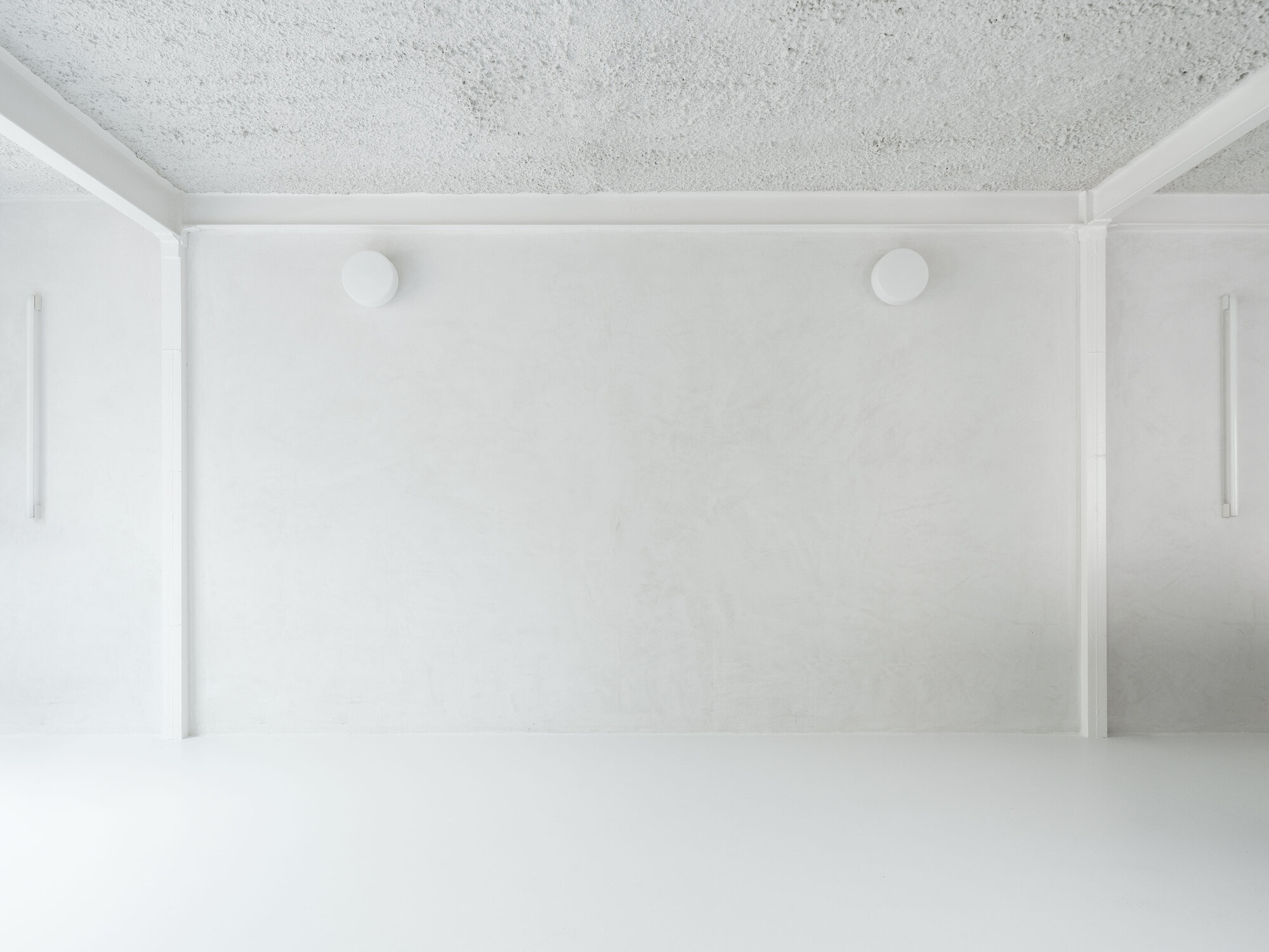 Wide interior room with white walls, terrazzo ceiling, white resin floor and two circular ceiling lights