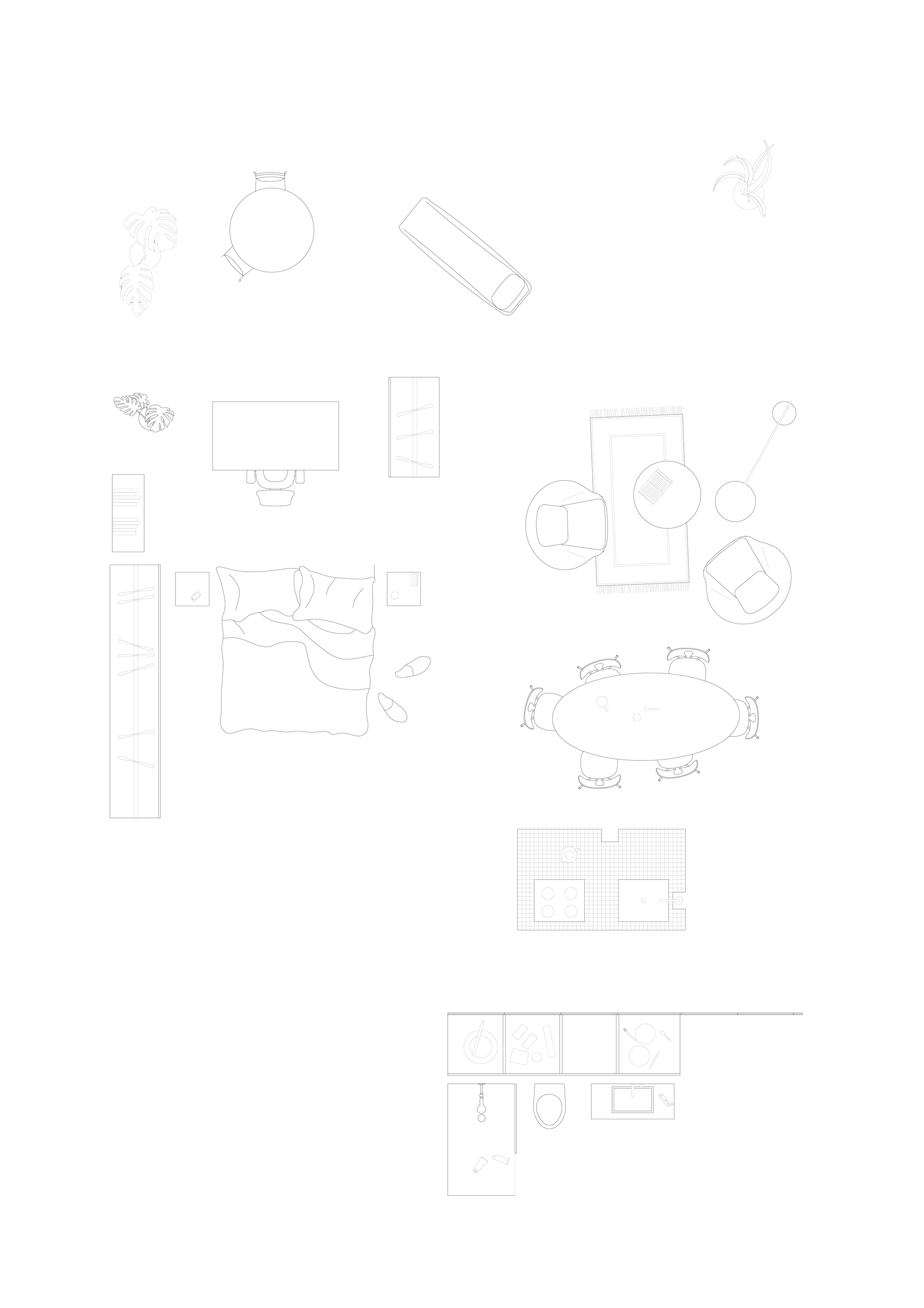 Furniture layout plan showing bed, dining table, and kitchen fixtures scattered across the page