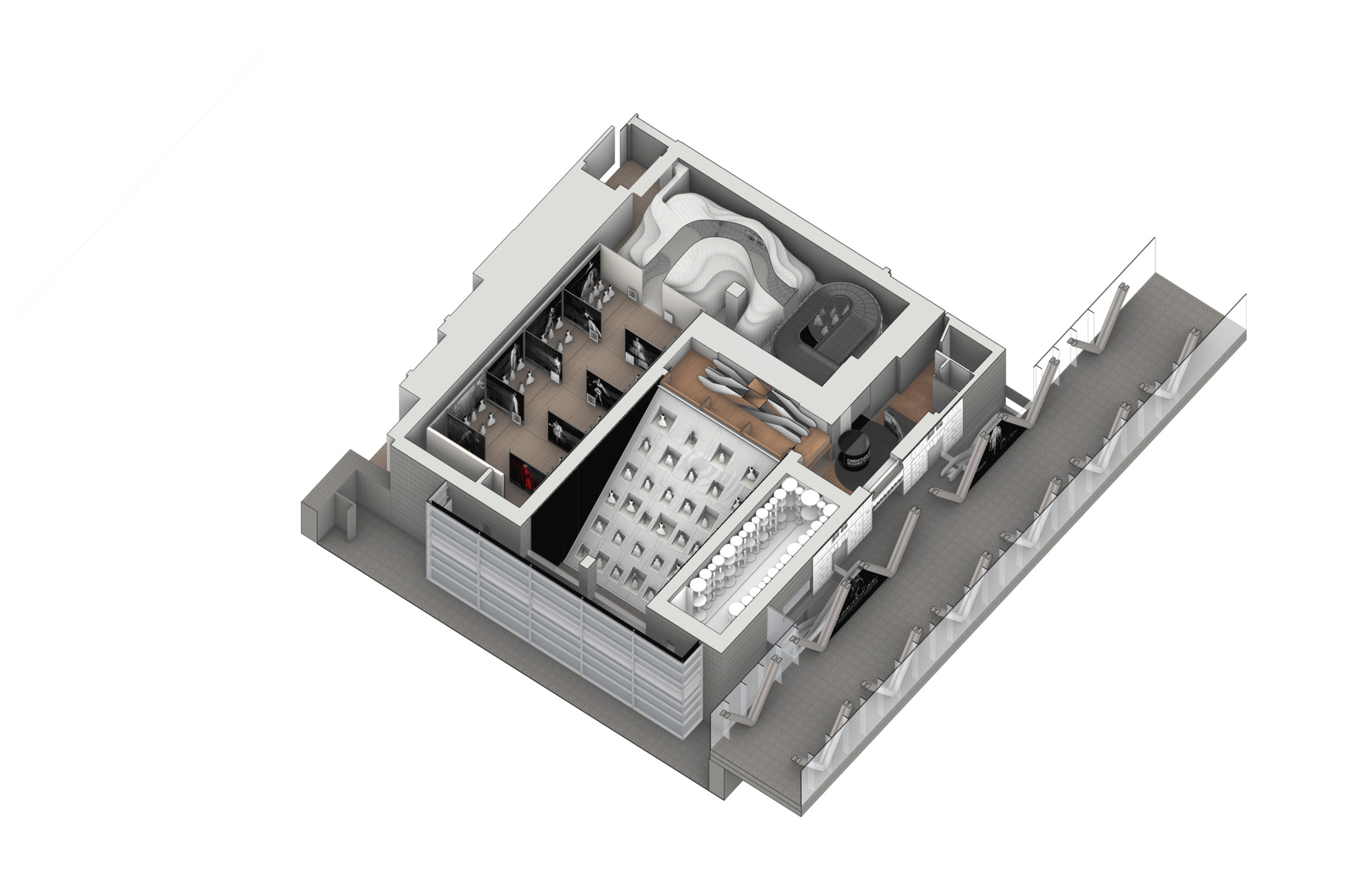 Axonometric cutaway drawing showing galleries and exhibition spaces arranged around an internal courtyard