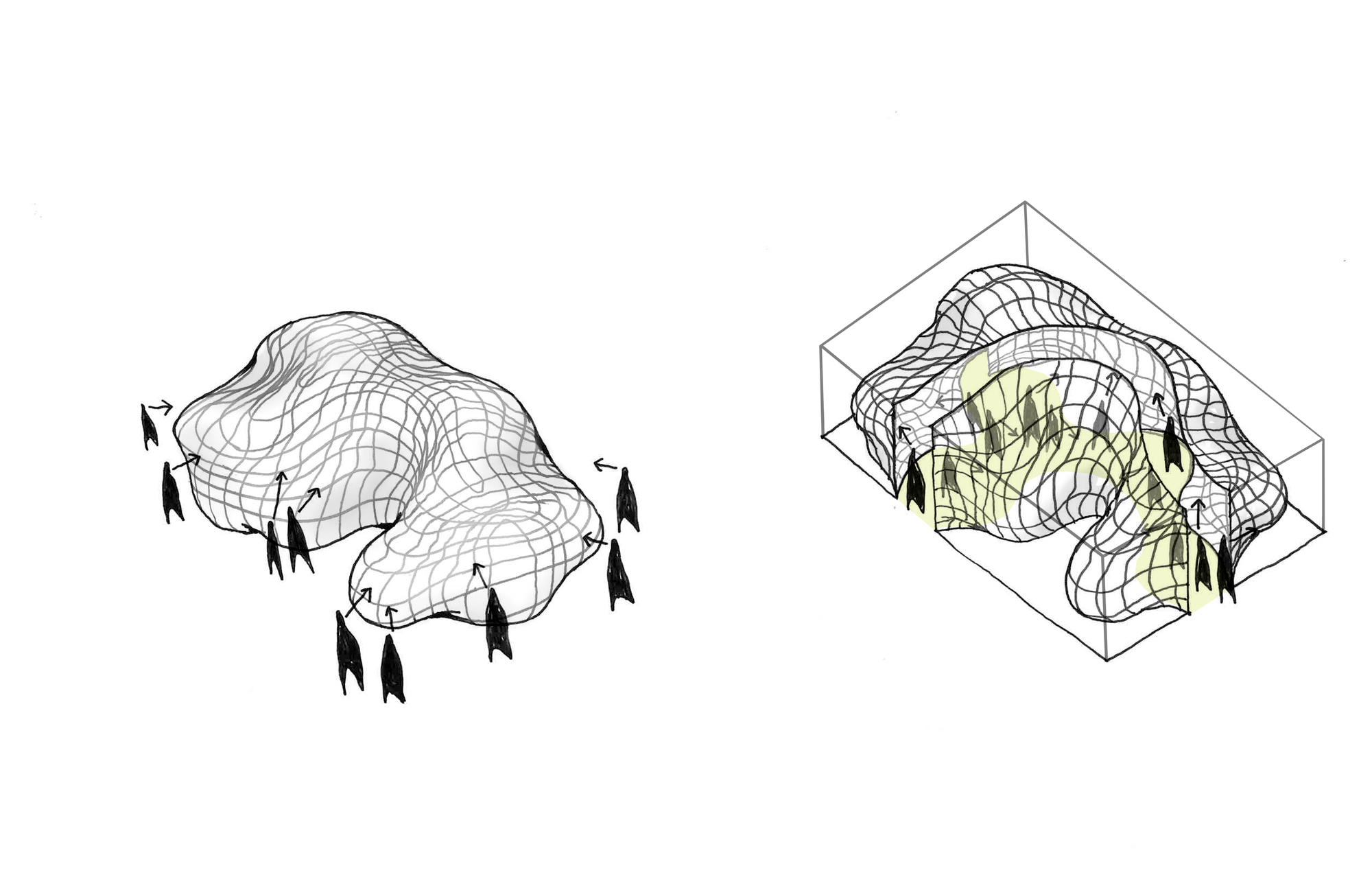 Diagram showing wireframe mesh of an organic three-lobed form with circulation arrows indicated