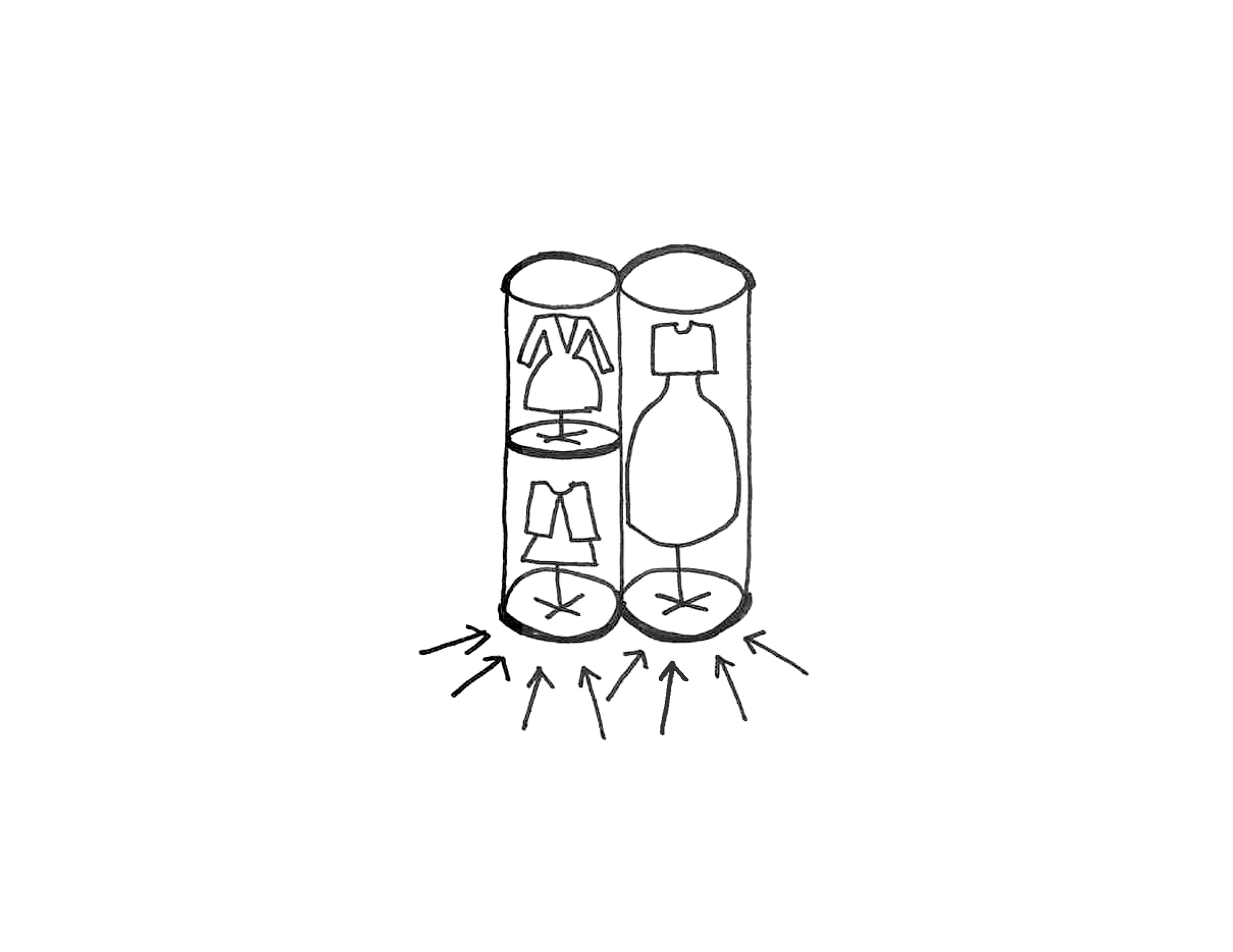 Sketch section through paired cylindrical volumes showing stacked galleries with circulation arrows below
