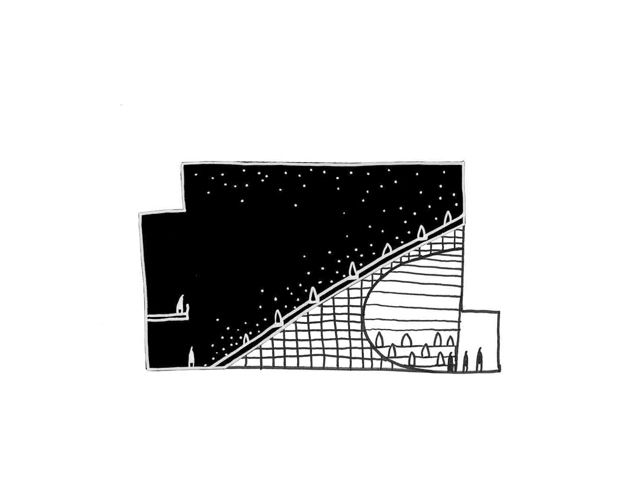 Section drawing showing a curved lattice roof sweeping over interior spaces with figures at night
