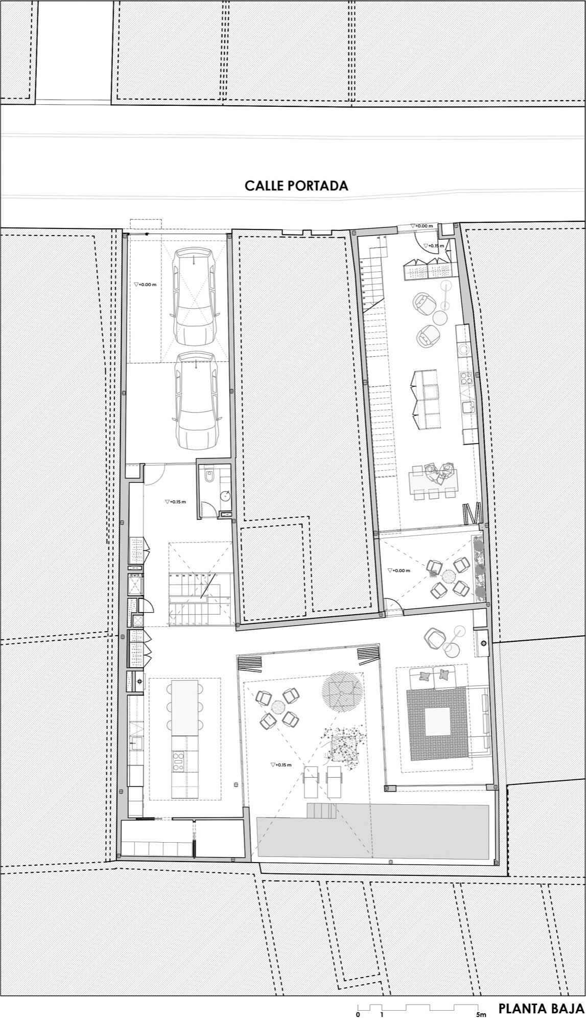 Ground floor plan drawing showing garage spaces, courtyard, and living areas with furniture layout