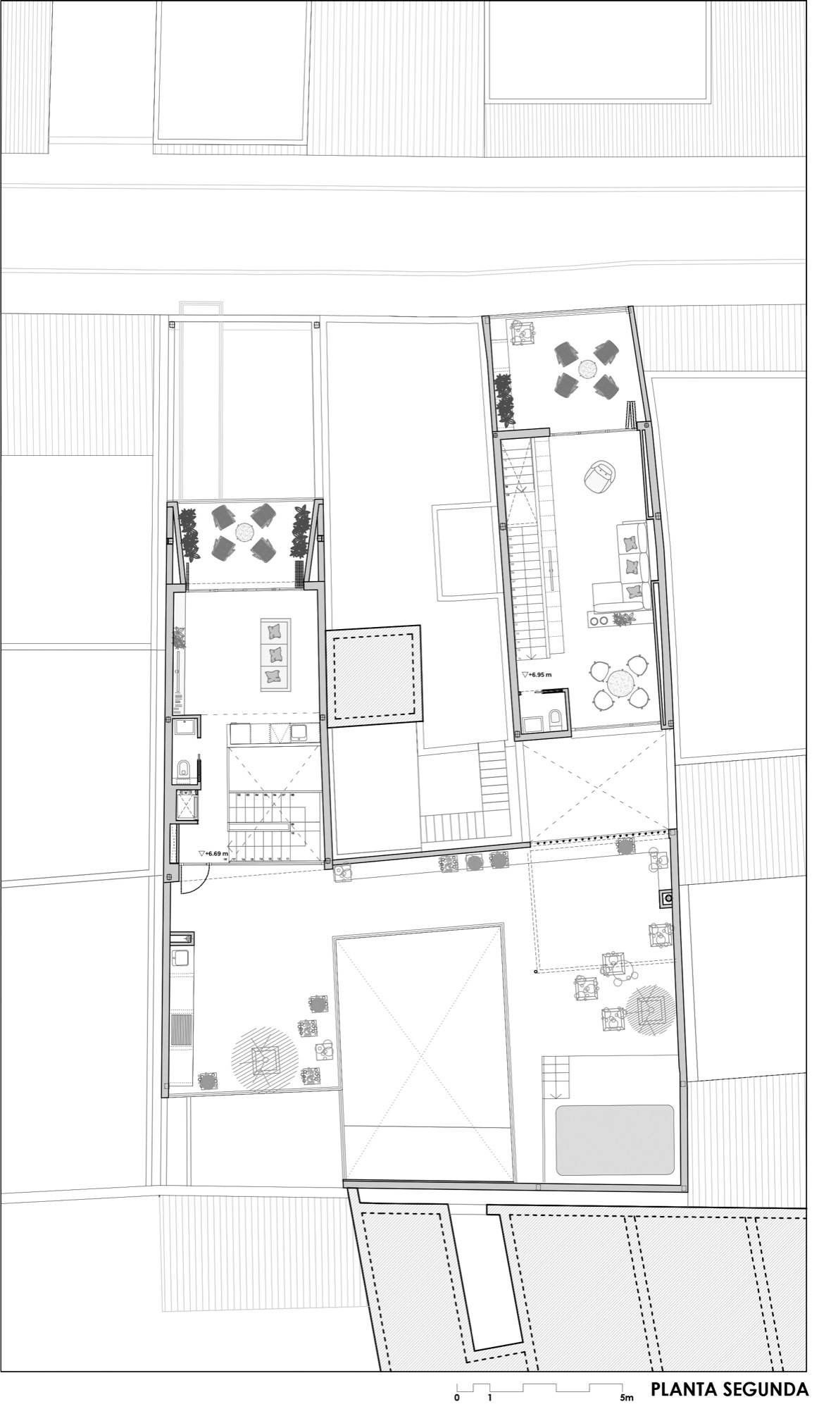 Second floor plan drawing showing roof terraces, outdoor seating areas, and interior living spaces