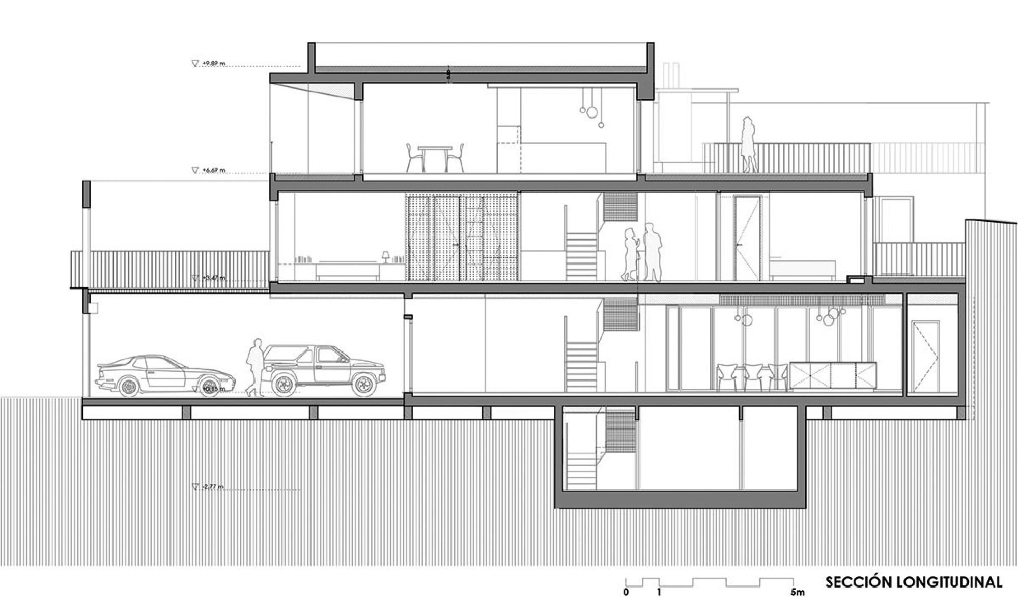 Longitudinal section drawing showing four-story building with garage, staircases, and figures indicating scale