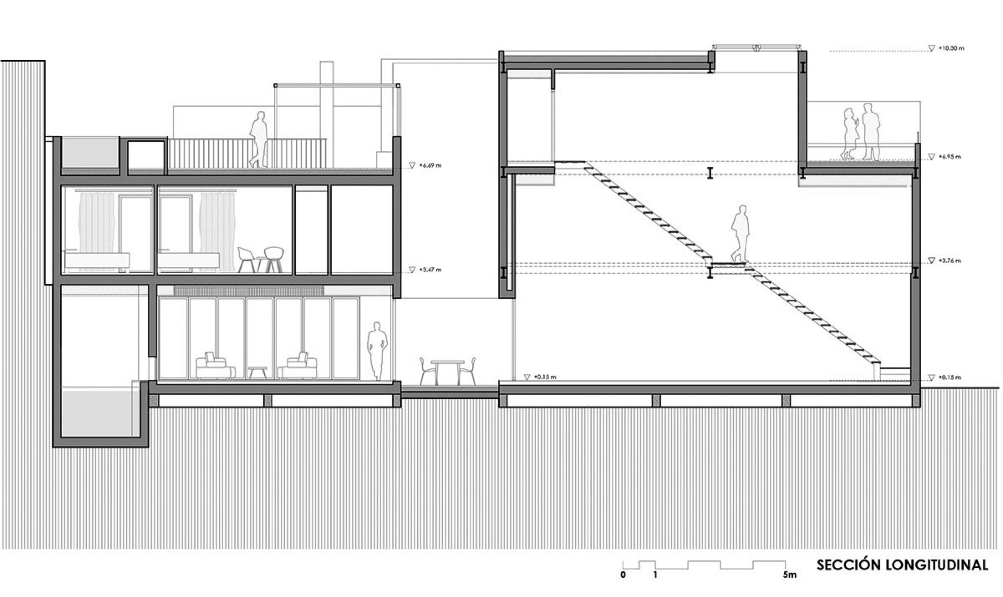 Longitudinal section drawing showing diagonal staircase connecting multi-level interior spaces with human figures