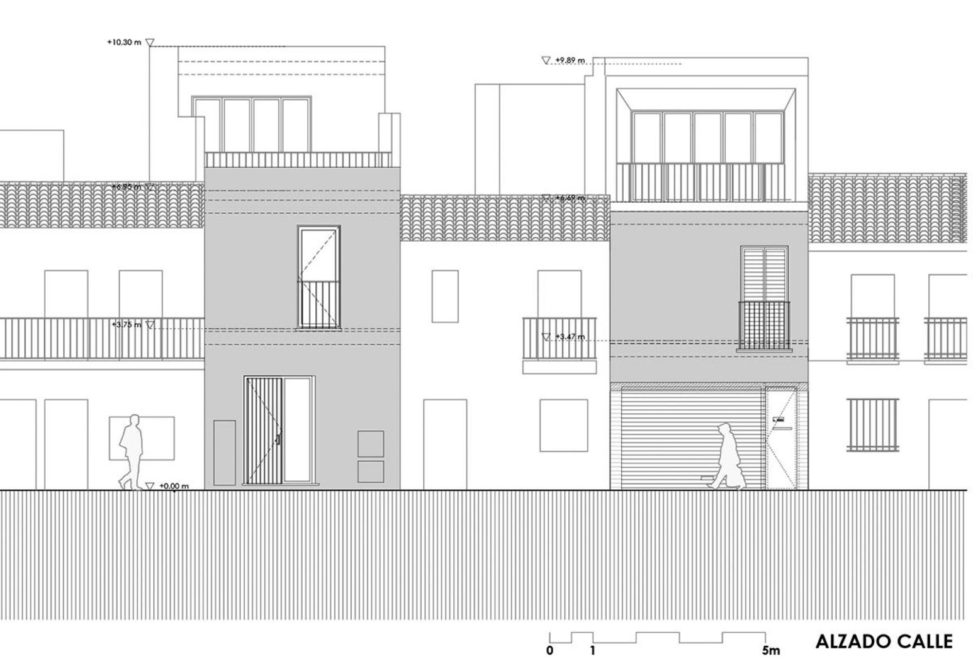 Street elevation drawing showing a three-story residential facade with balconies and a figure at ground level
