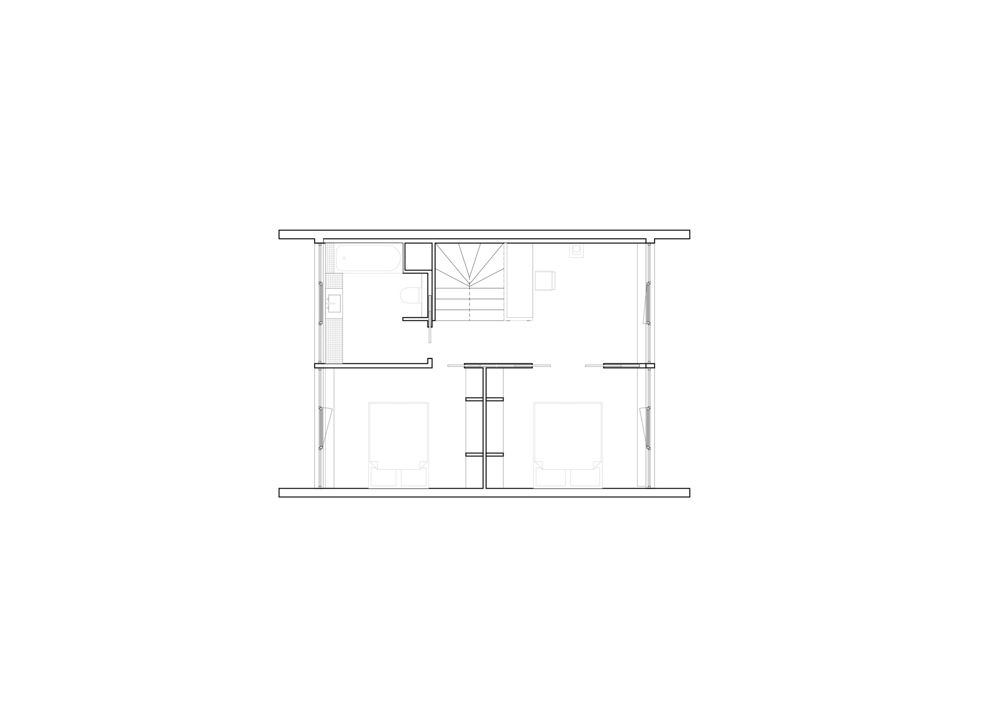 Floor plan drawing revealing upper level with central stair and two symmetrical bedroom spaces