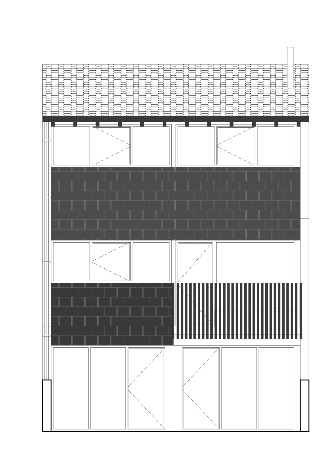 Elevation drawing depicting tiled roof, brick panels, vertical slat screen, and window openings
