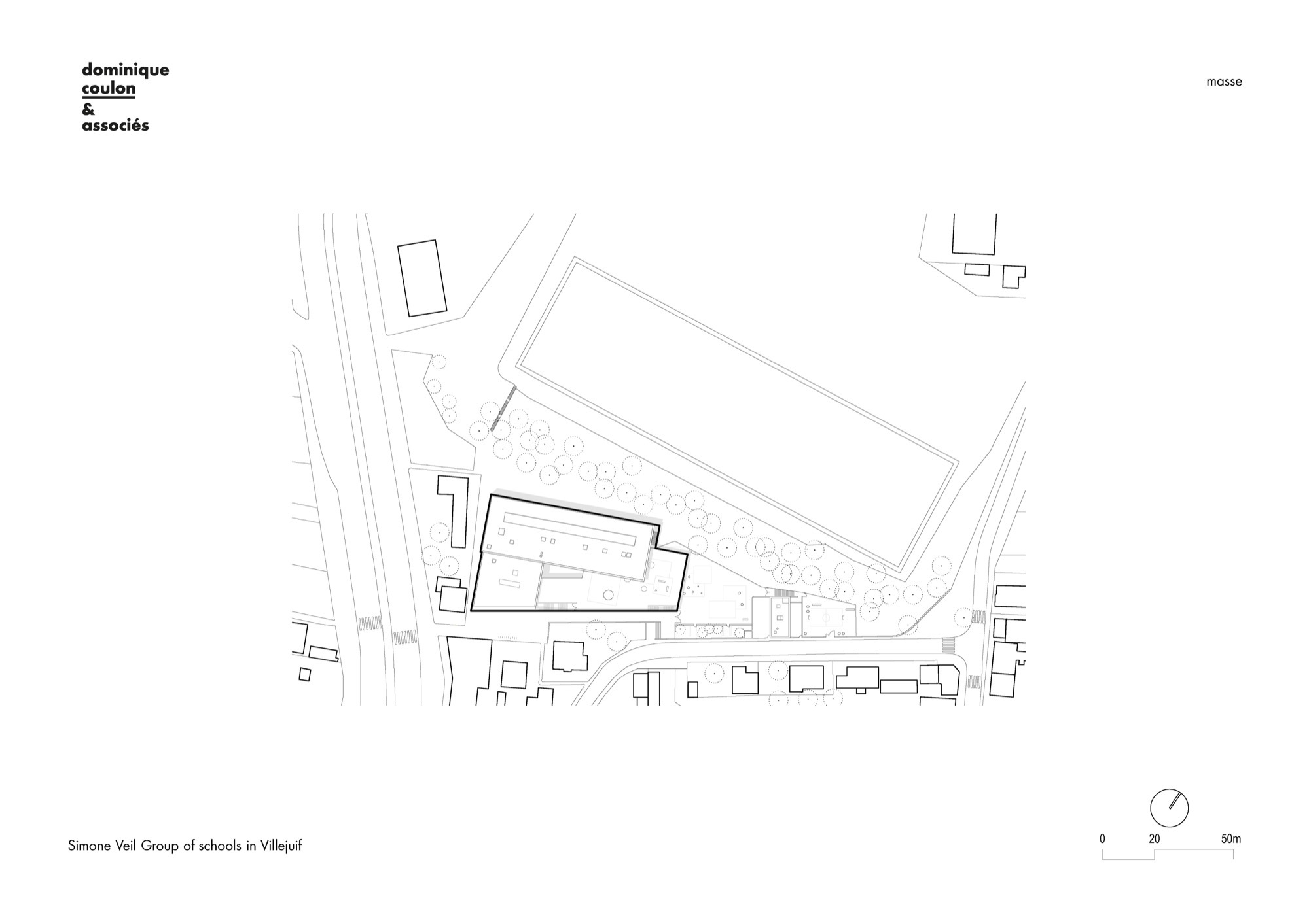 Site plan drawing showing a long rectangular building with landscaped area and adjacent smaller structures