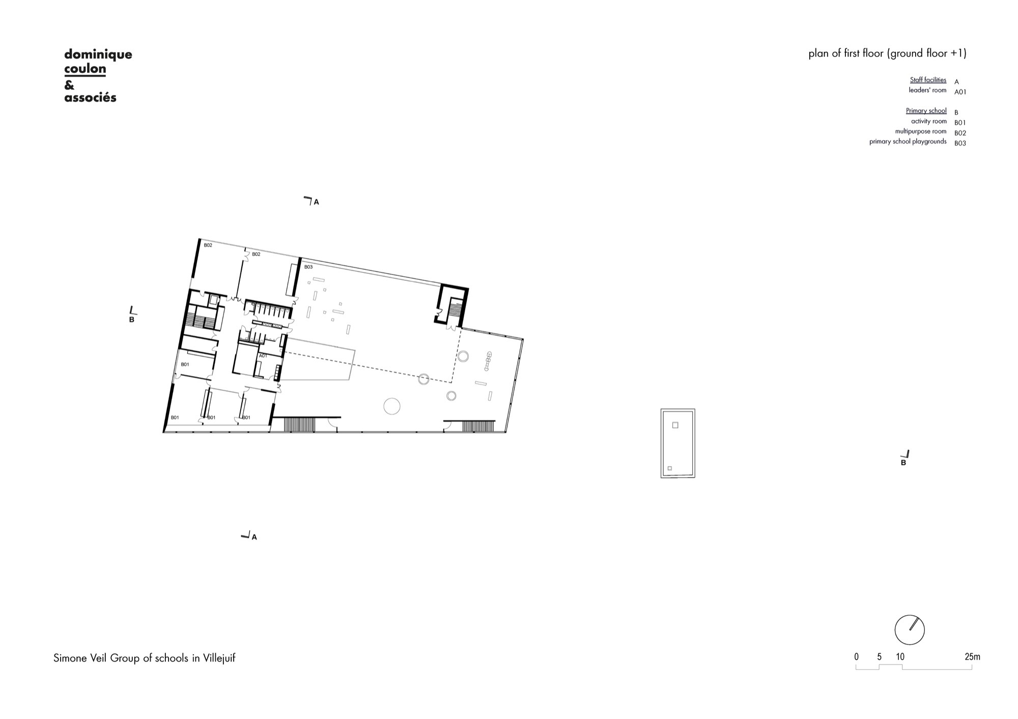 First floor plan drawing showing classrooms and open terrace area on an upper level