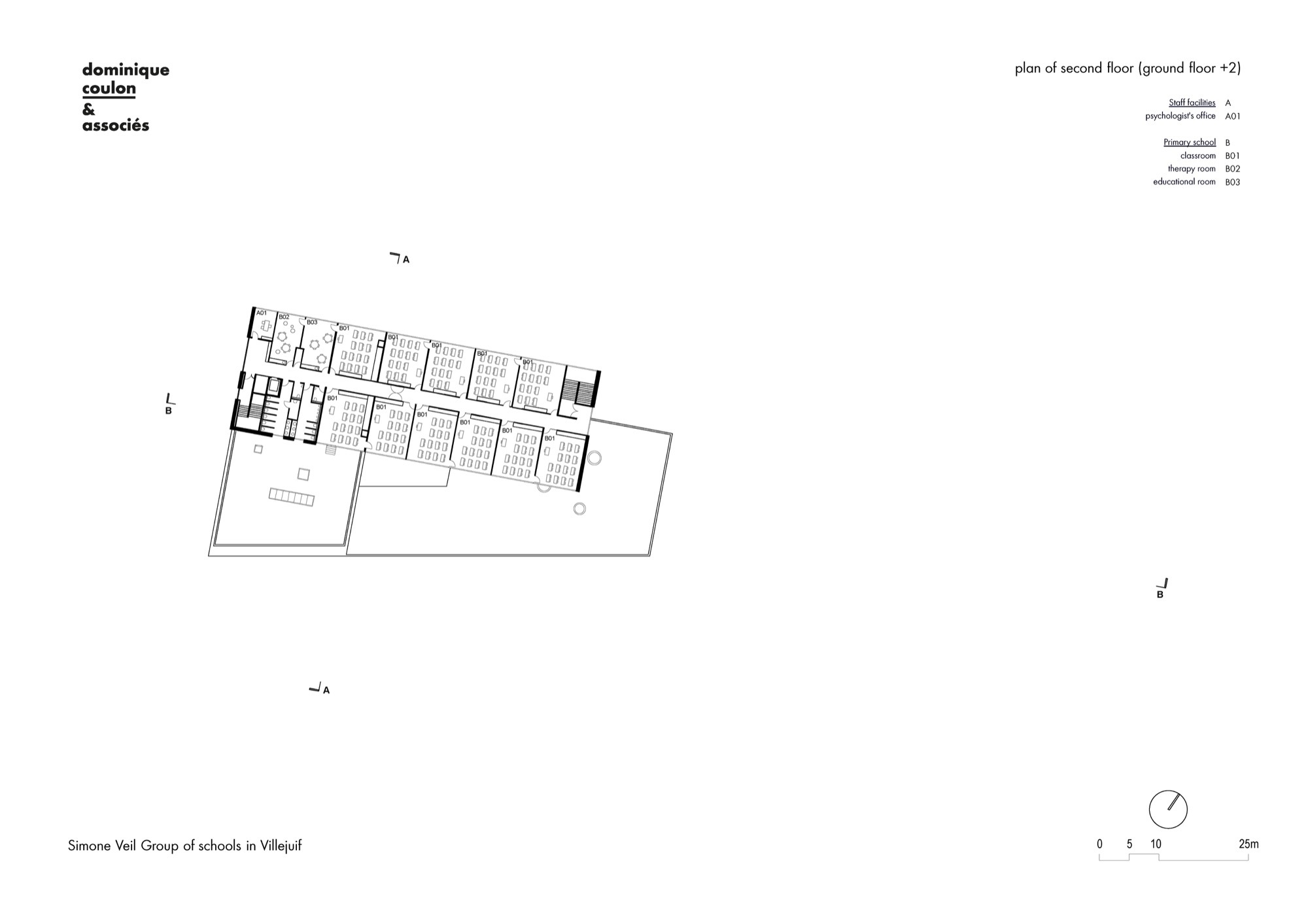Second floor plan drawing showing a row of classrooms and library space with terrace
