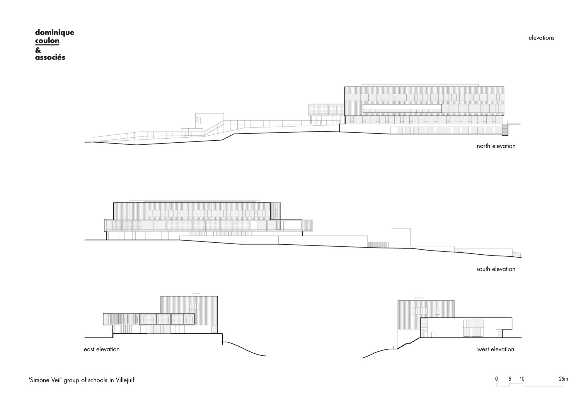 Elevation drawings displaying north, south, east and west facades of low-rise buildings on grade