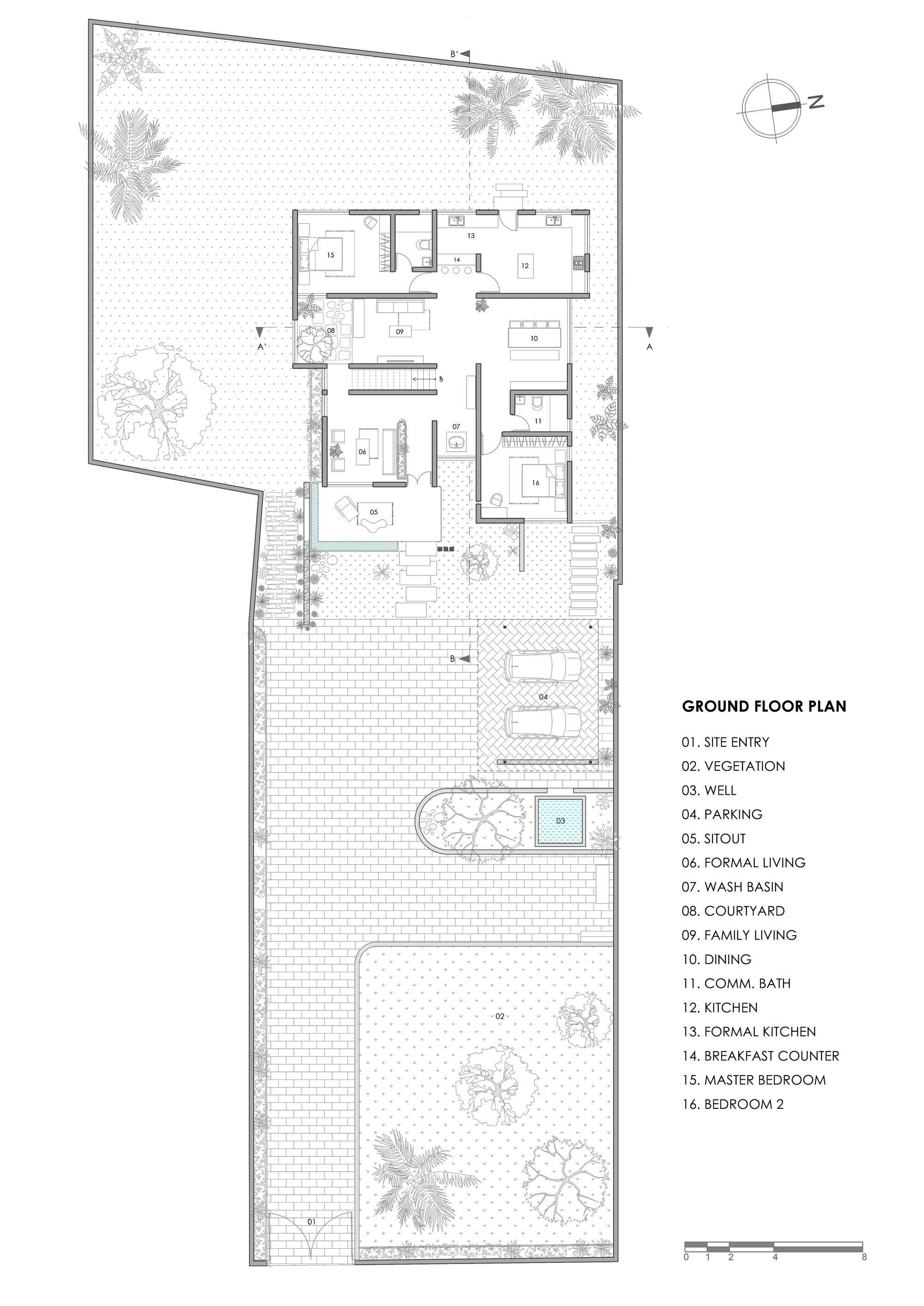 Ground floor plan showing living spaces, courtyard, parking area, and surrounding landscape with trees