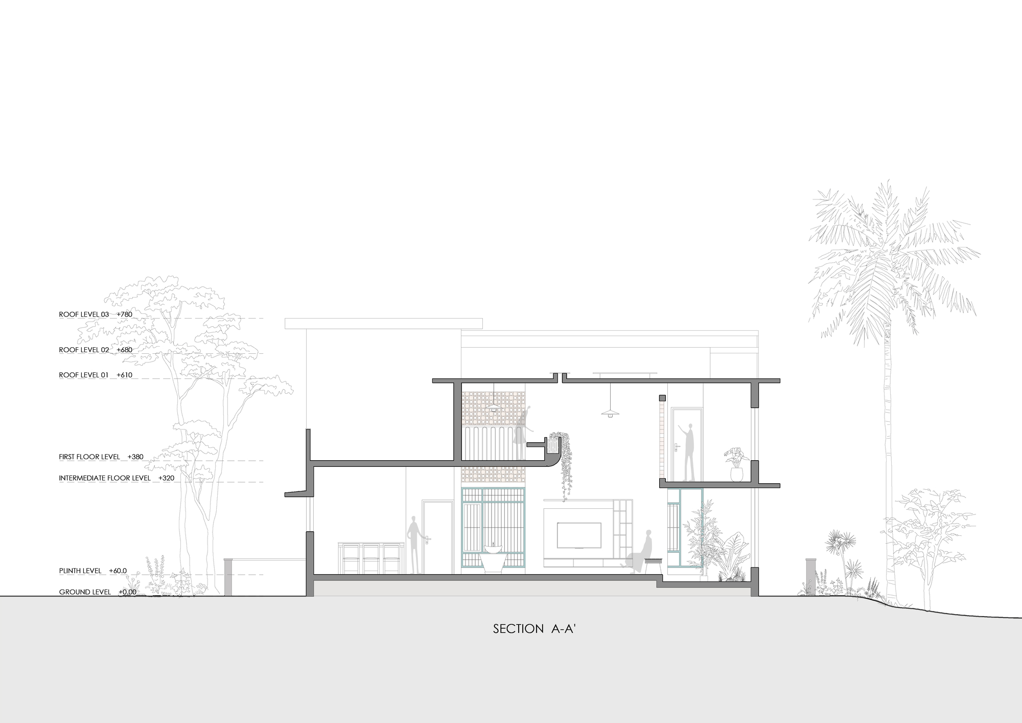 Building section drawing revealing interior spatial volumes, double-height spaces, and staircase with surrounding trees
