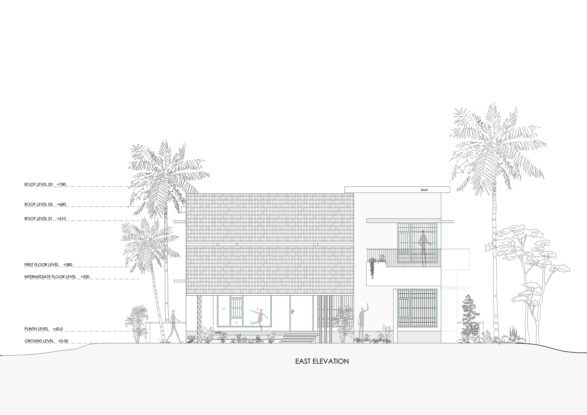 East elevation drawing showing textured facade, balconies, and palm trees framing the composition