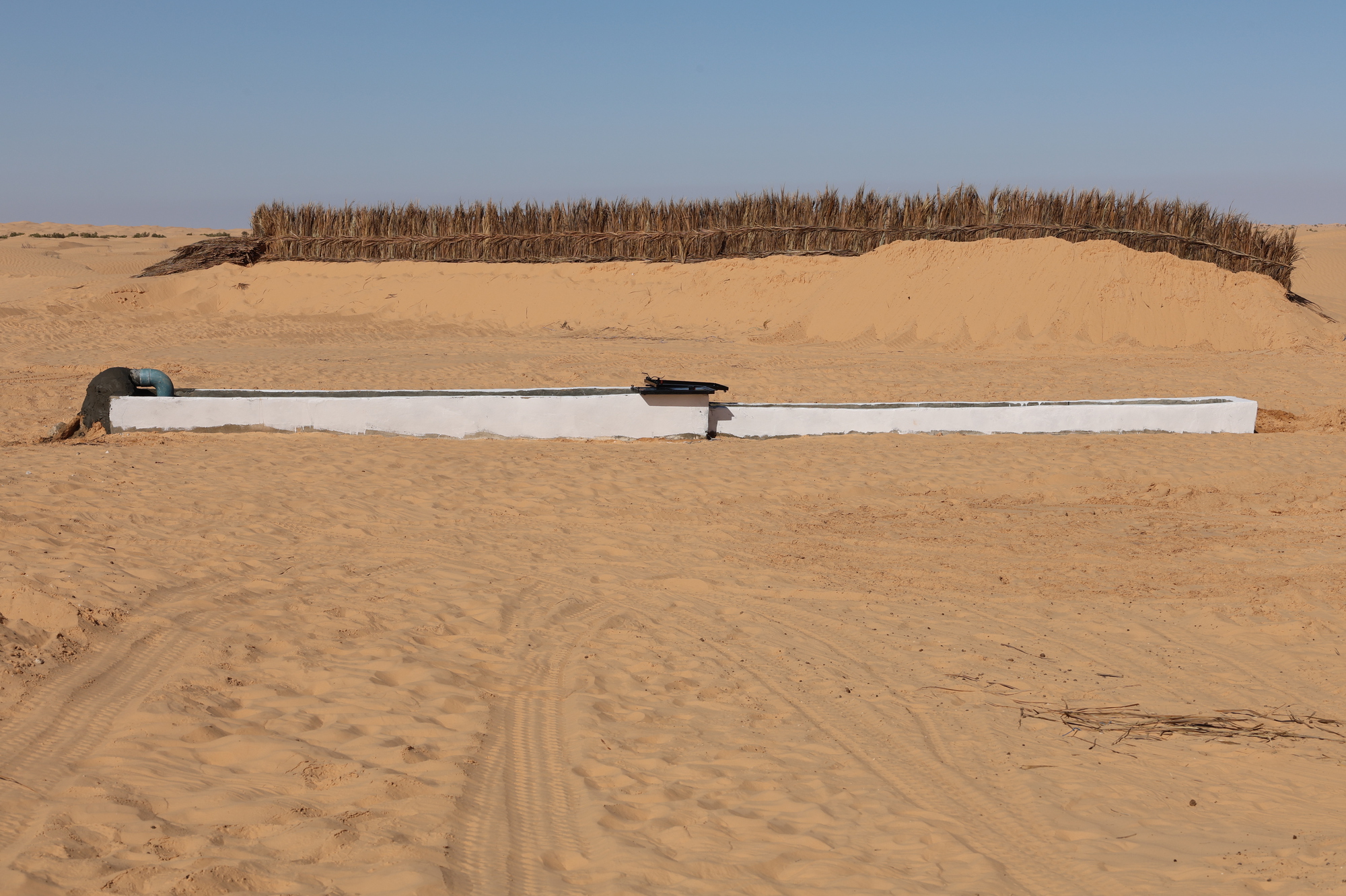 Long white painted wall running horizontally across the desert sand beneath a reed barrier