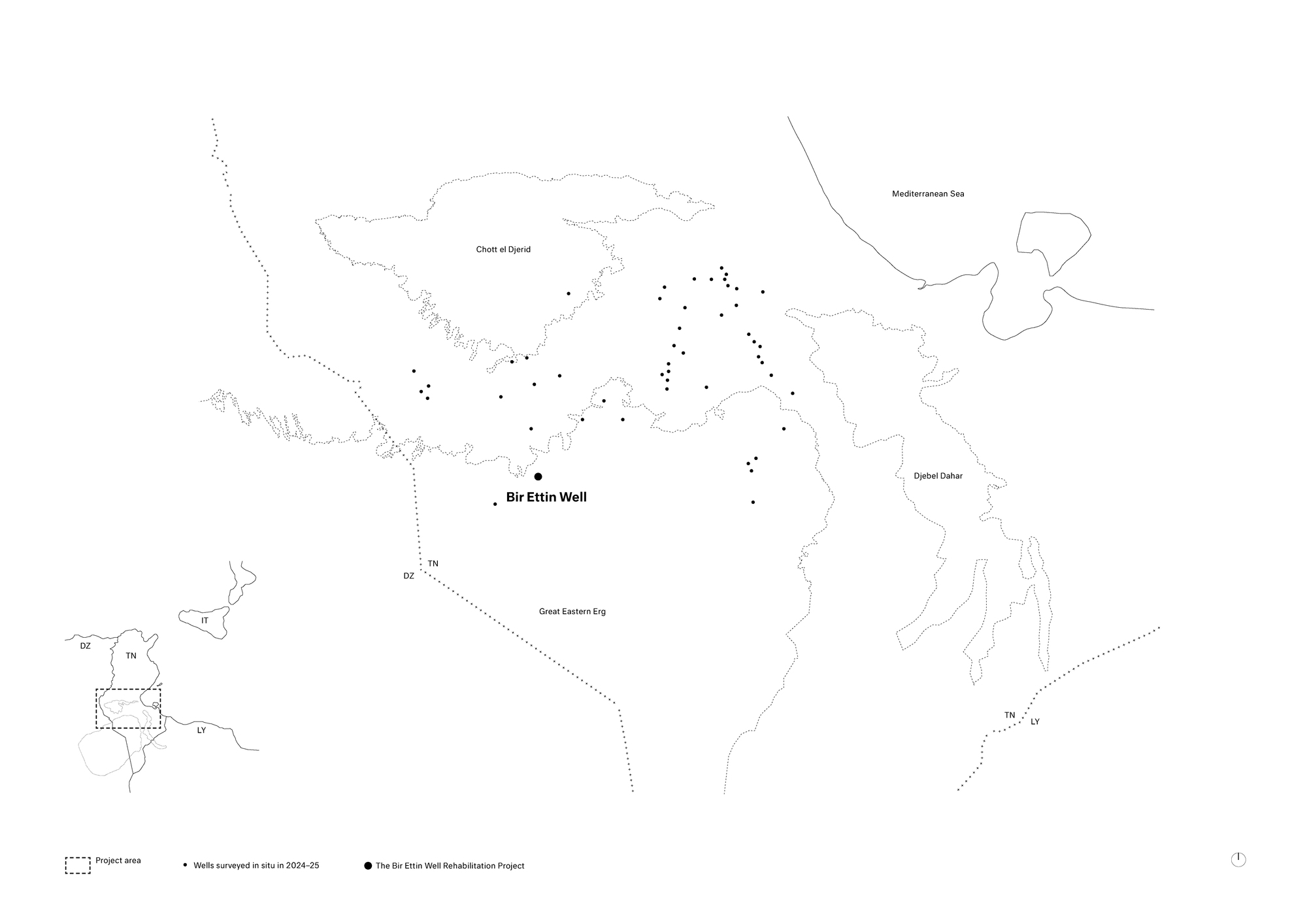 Regional map drawing showing scattered well locations marked with dots across a desert territory