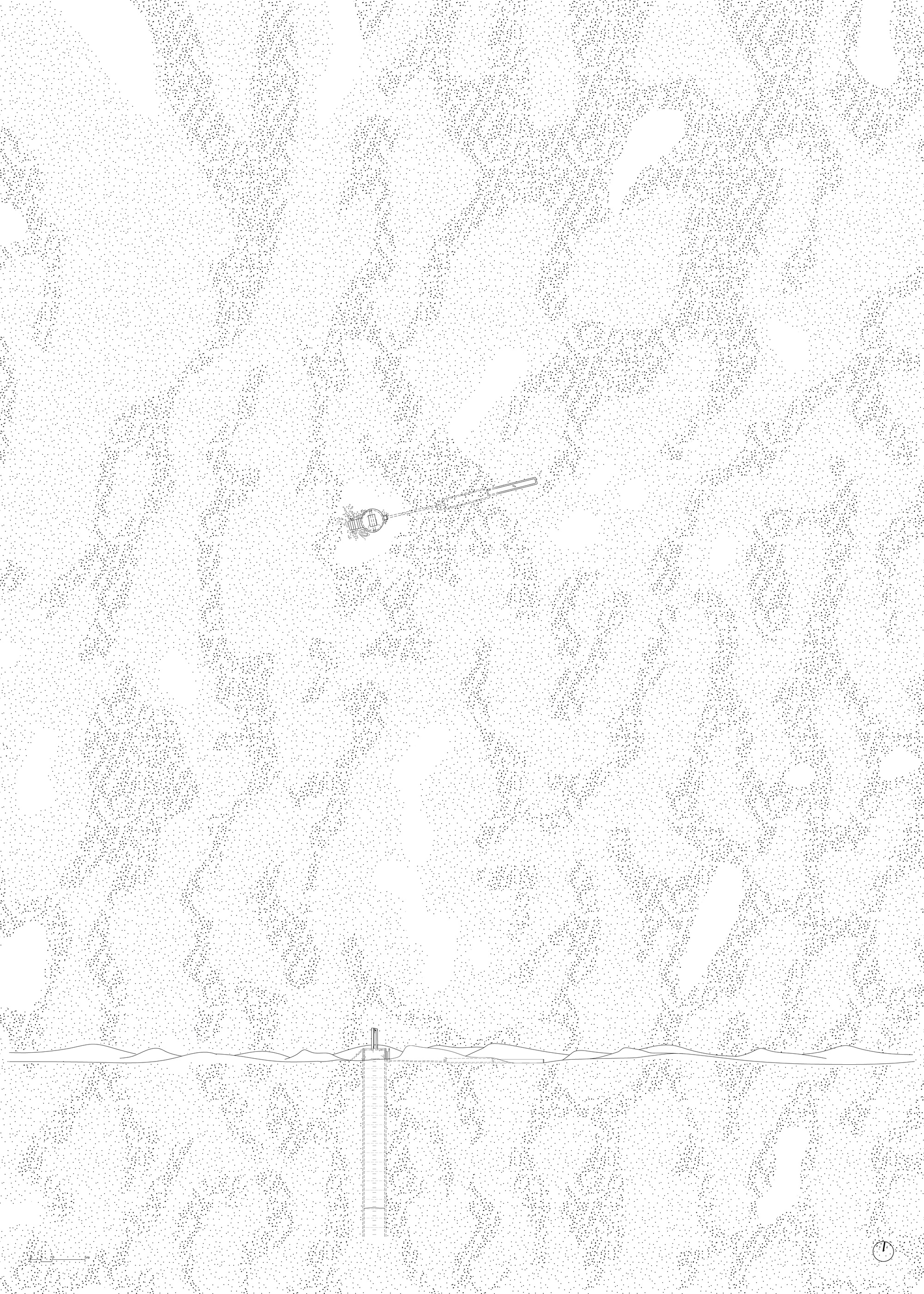 Aerial plan drawing showing a small structure and linear element within contoured terrain