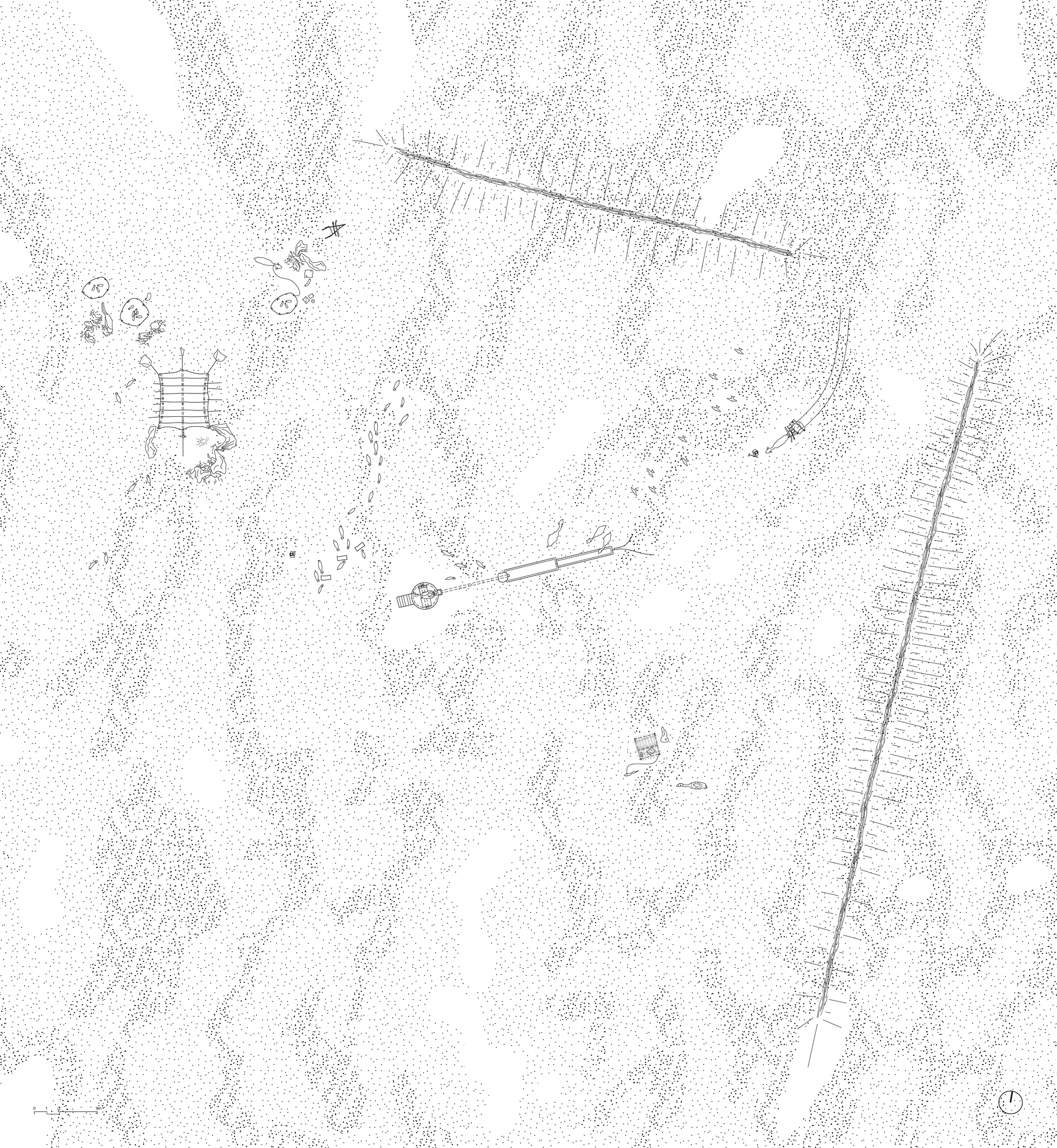 Site plan drawing depicting scattered structures and linear water channel through dotted topography