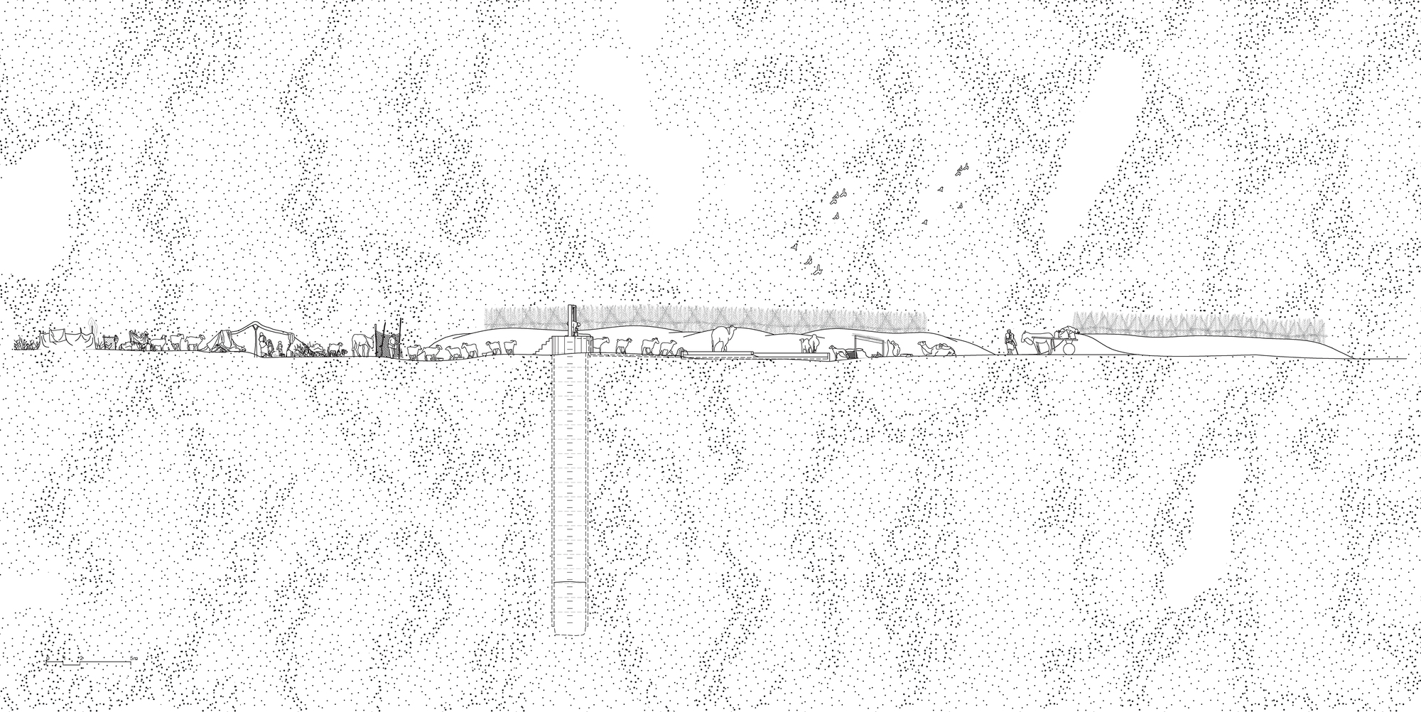 Section drawing showing a tower structure extending below grade beneath a distant landscape horizon line