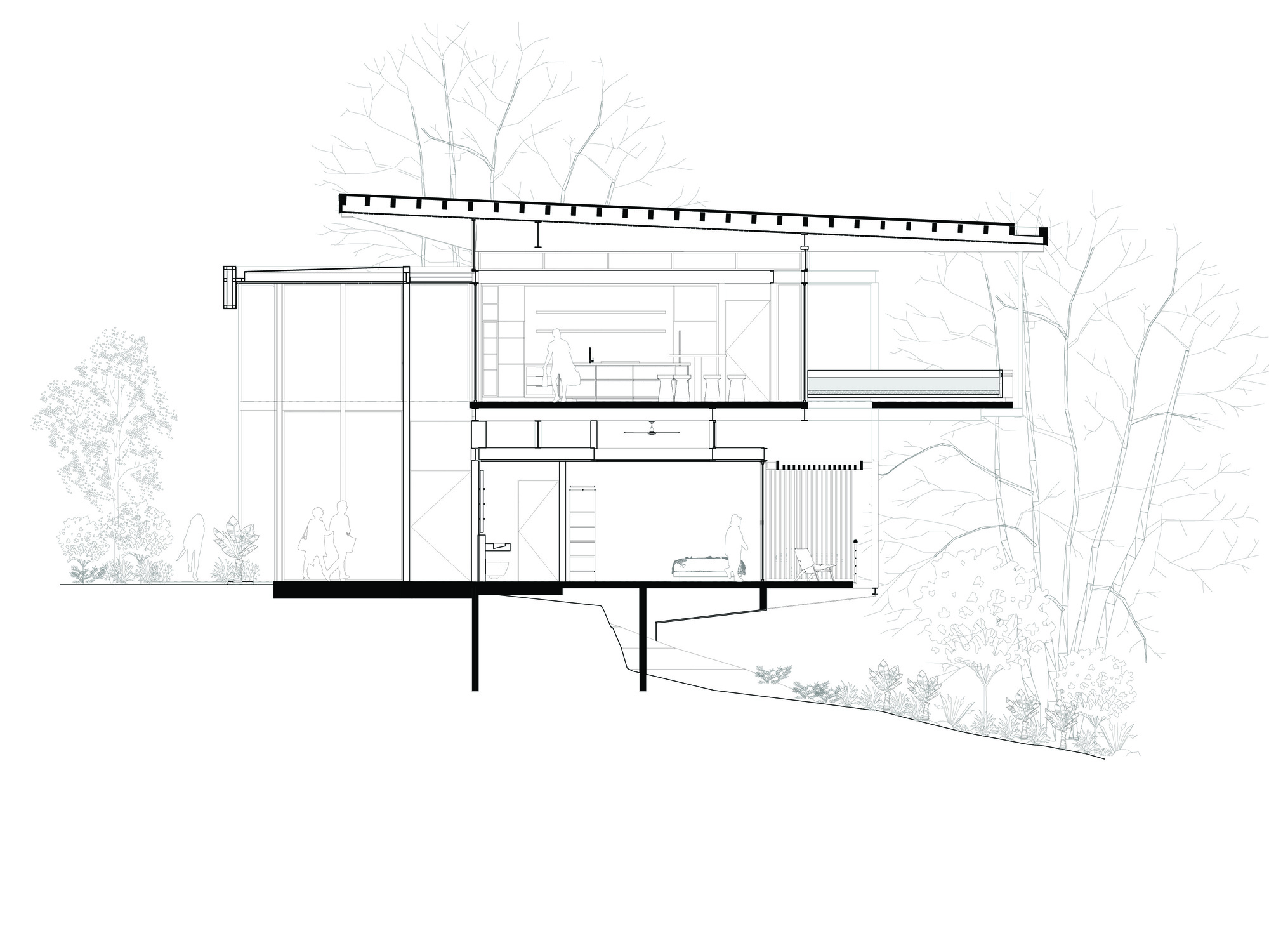 Section drawing showing a two-story residence with sloped roof and piloti foundation on a hillside site with trees