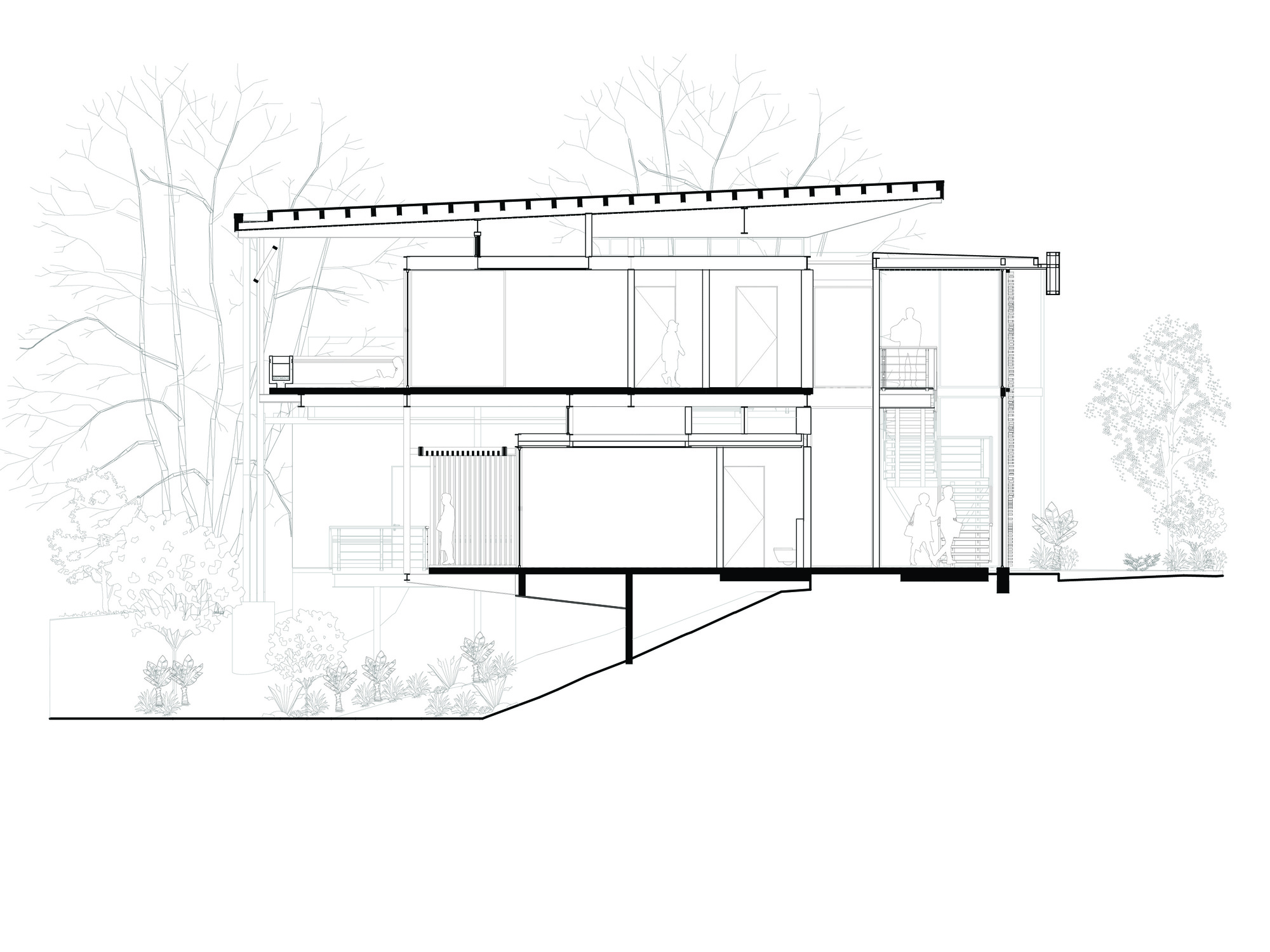 Section drawing showing the opposite elevation with cantilevered volumes and vertical circulation connecting split levels