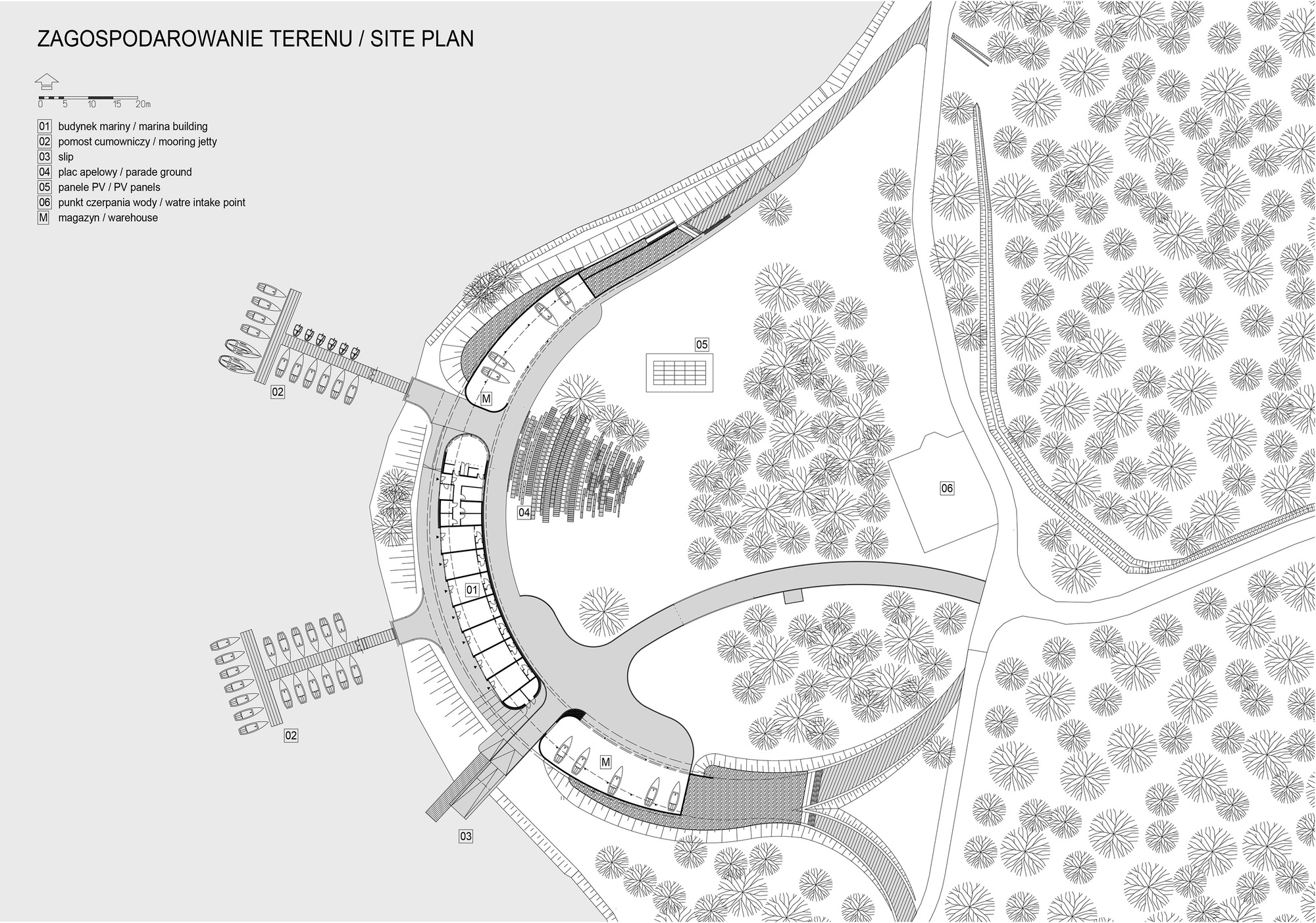 Site plan drawing showing the curving boardwalk, marina, amphitheater and surrounding forested areas