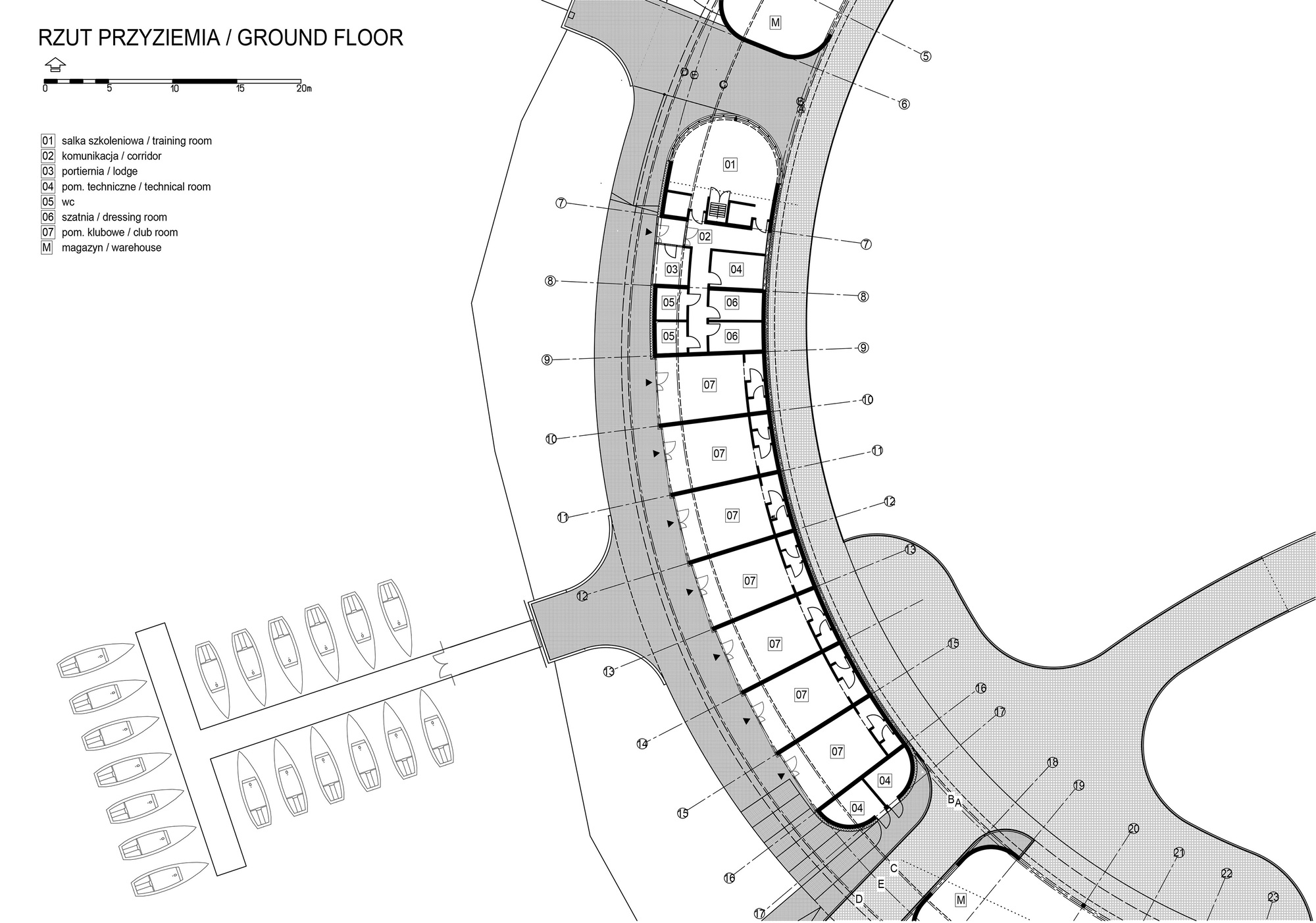 Ground floor plan drawing showing the linear arrangement of rooms along the curved waterfront structure
