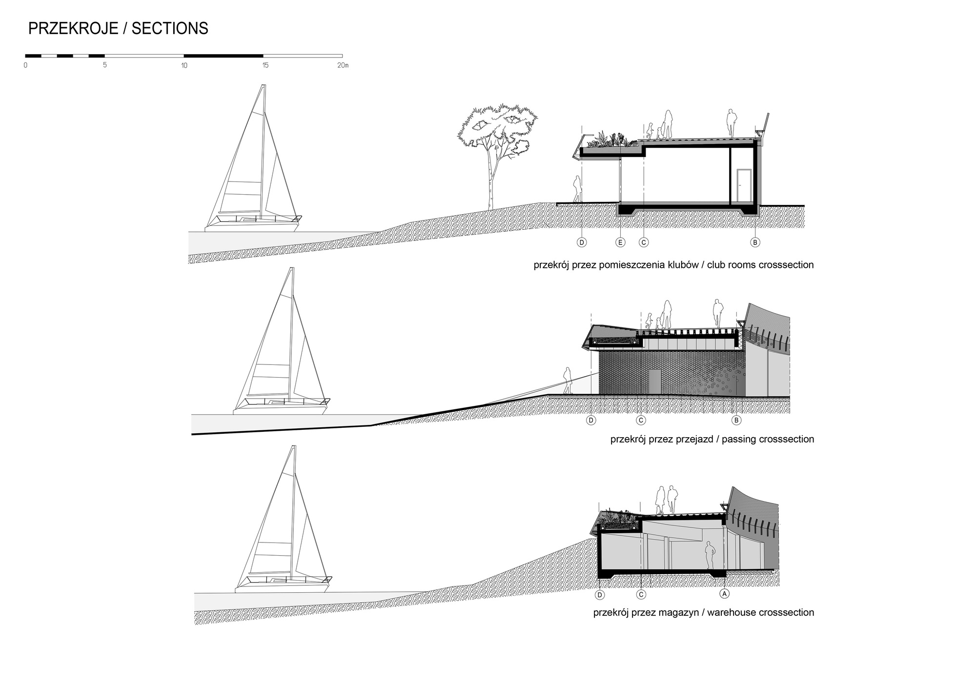 Section drawings showing three crossing types with A-frame supports and flat-roofed volumes on sloping terrain