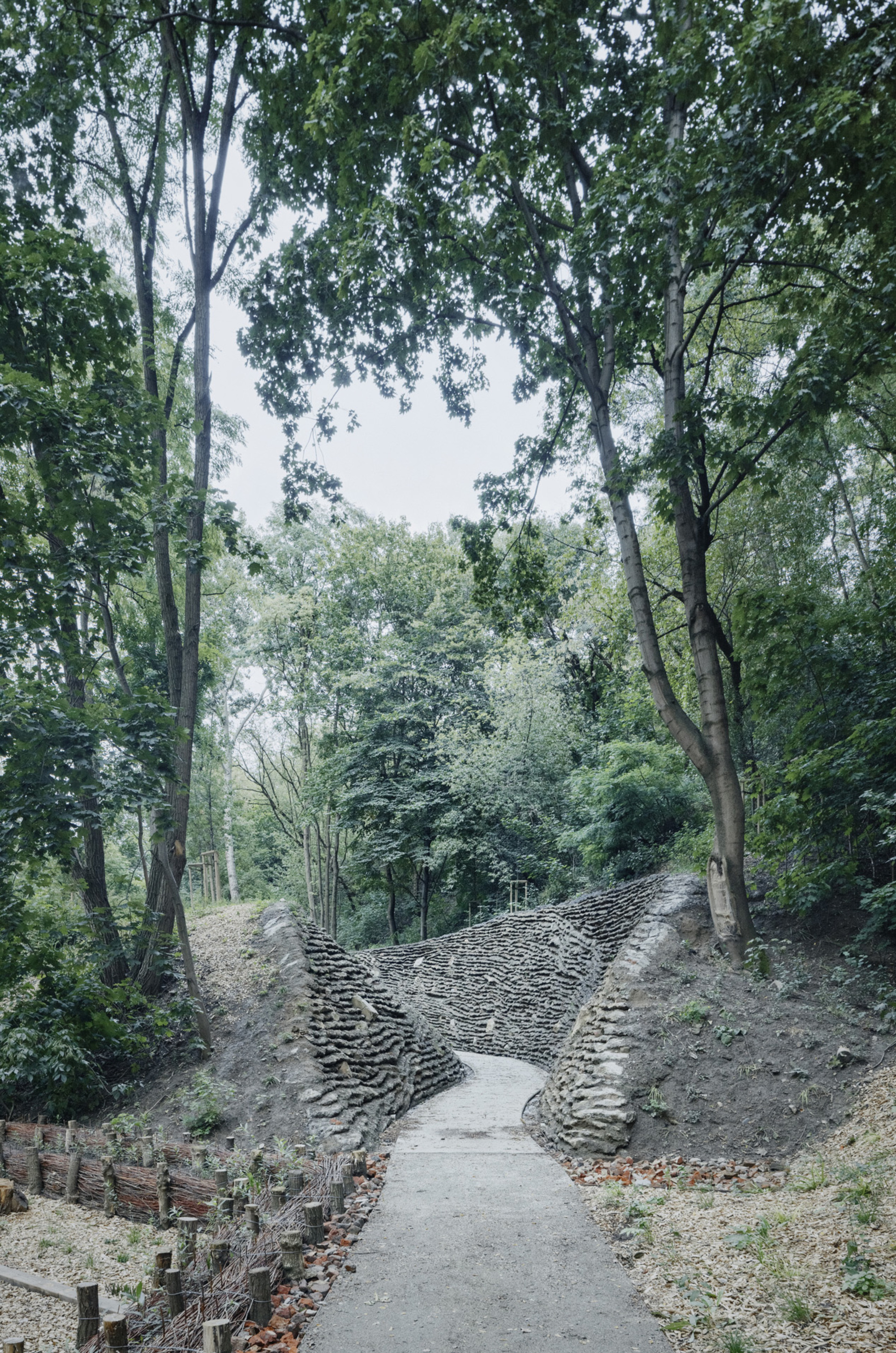 Concrete pathway ascending between layered stone retaining walls in a wooded ravine