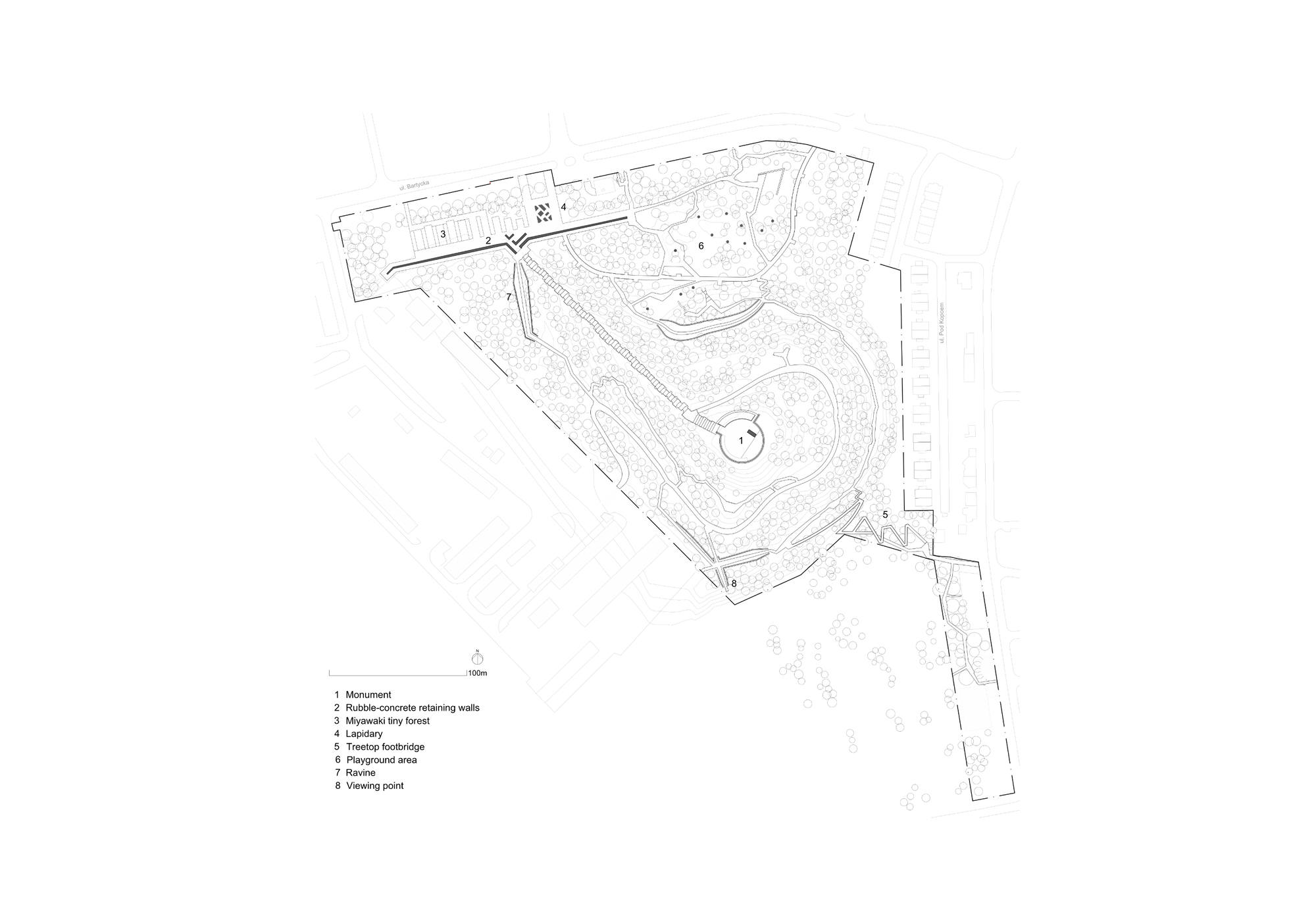 Site plan drawing showing a triangular sloped terrain with contour lines and pathway network