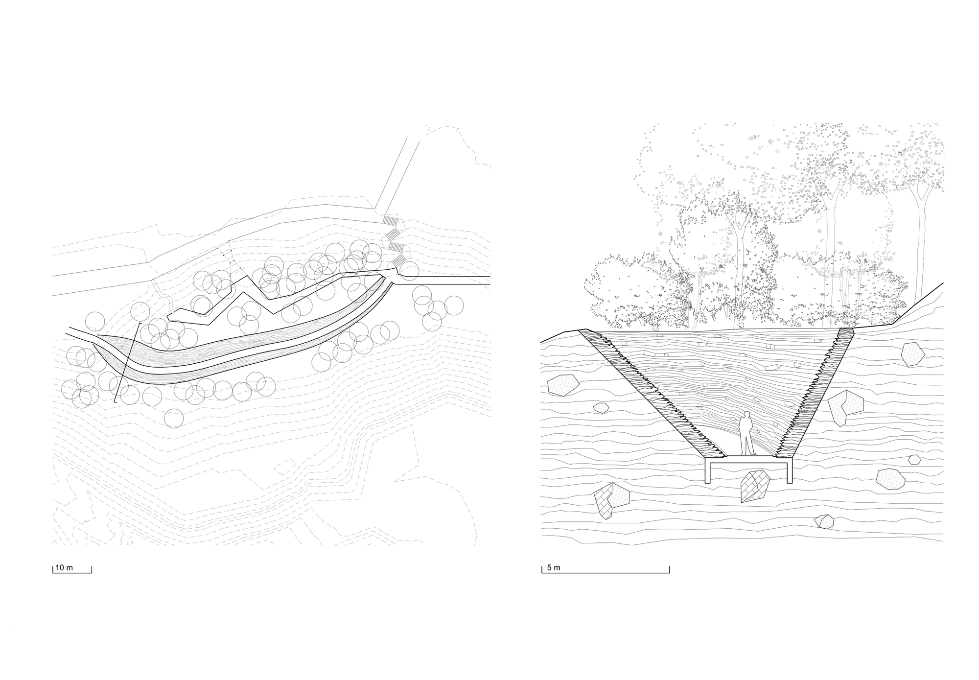 Section drawings showing a suspended footbridge over water and a curved pedestrian path with landscaping