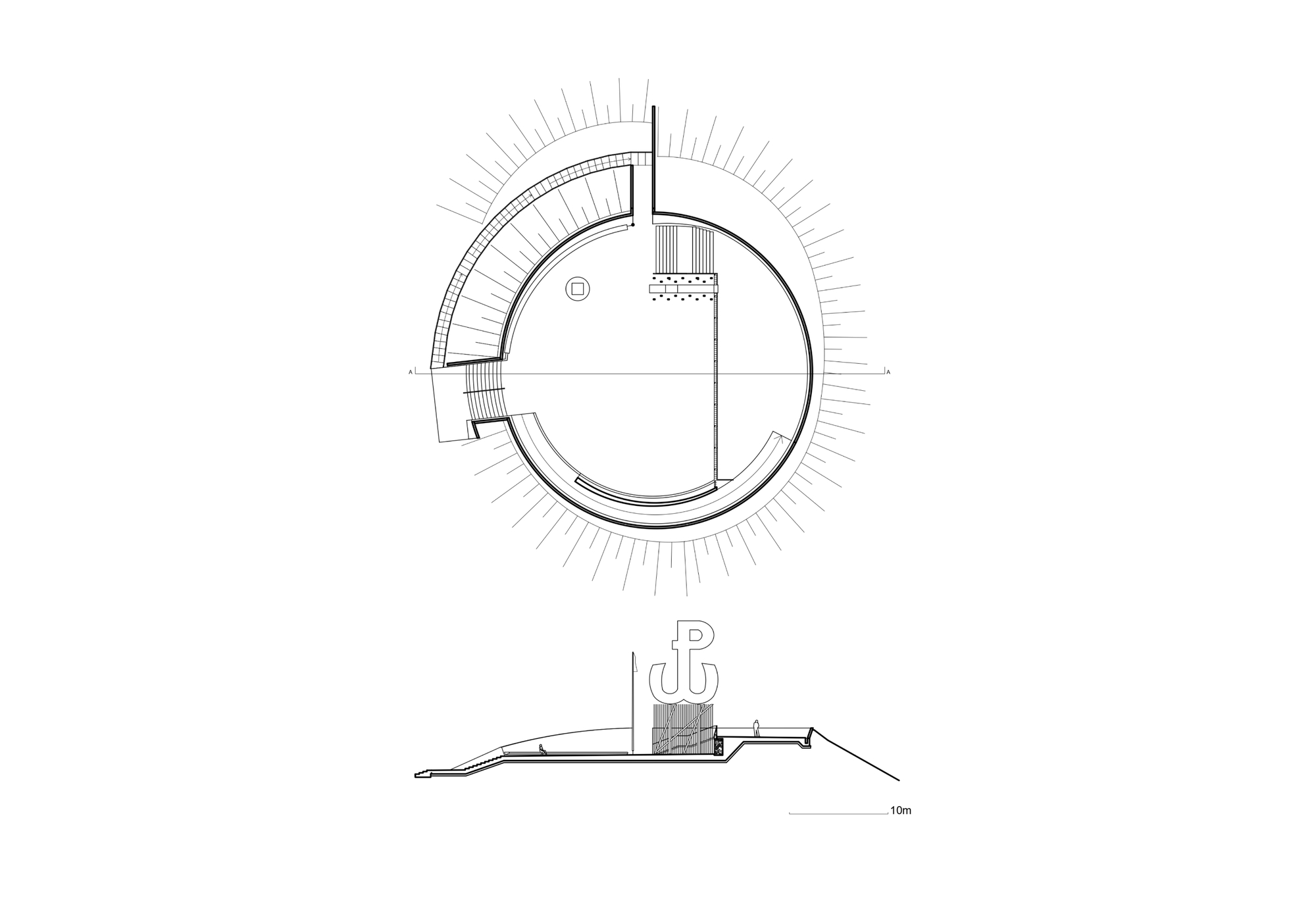 Plan and elevation drawings of a circular structure with radiating elements and a central sculptural form