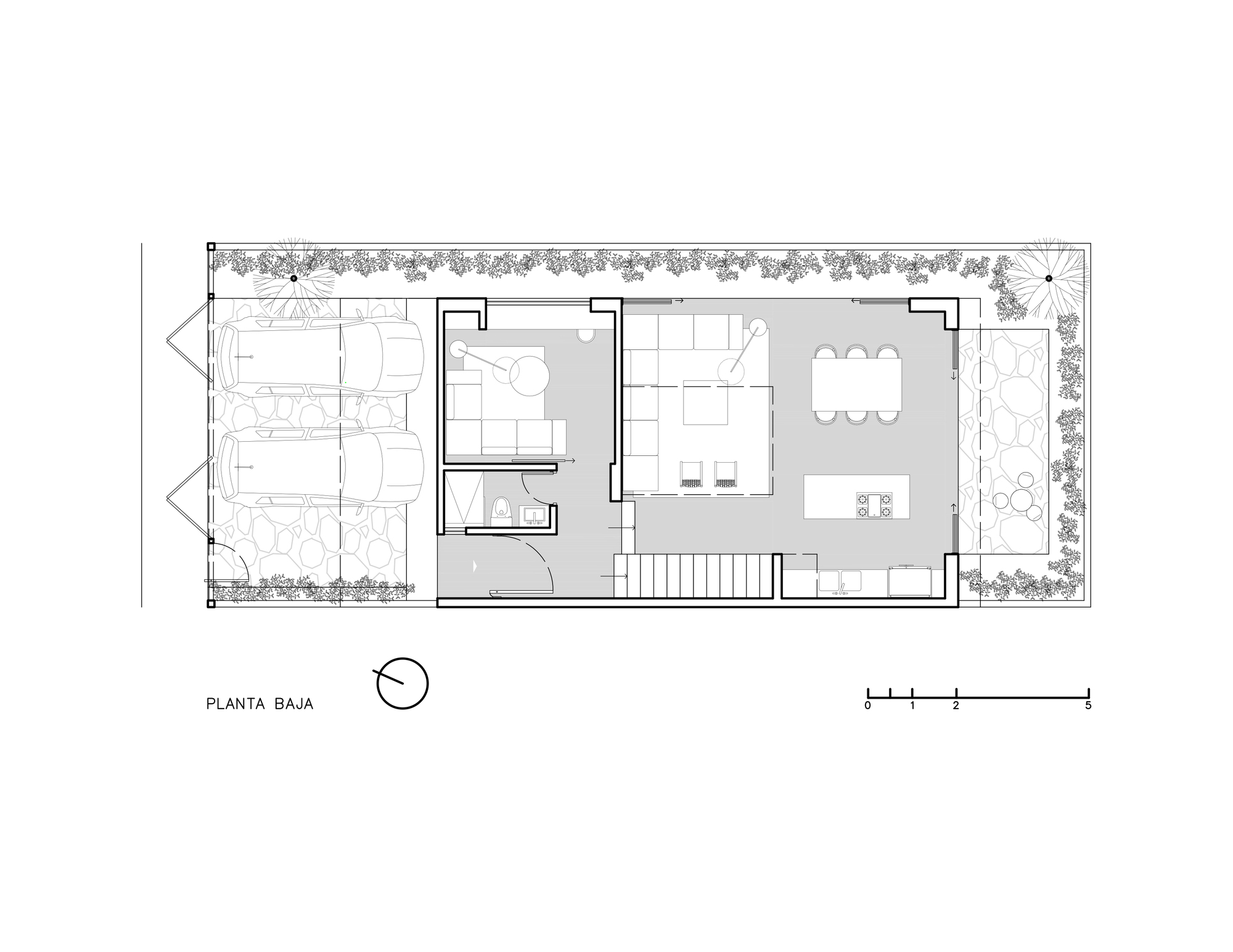 Ground floor plan showing living and dining spaces flanked by a planted courtyard and a garden terrace