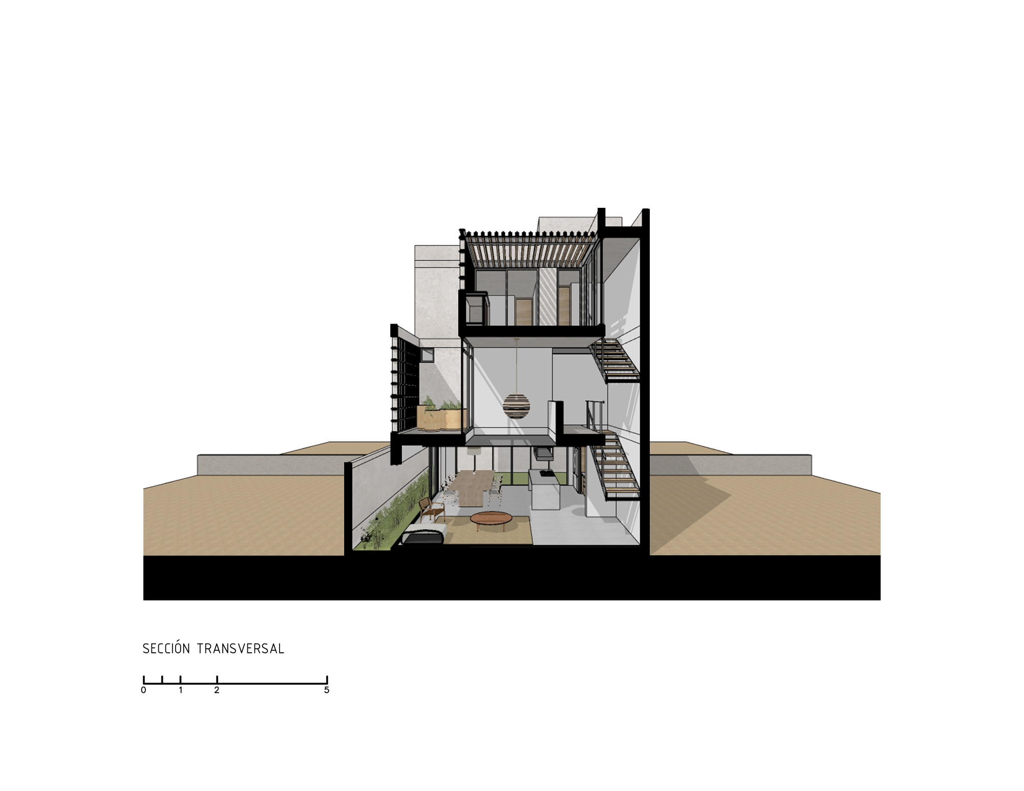 Transverse section revealing three stacked floors with exposed steel beams and a rooftop pergola structure