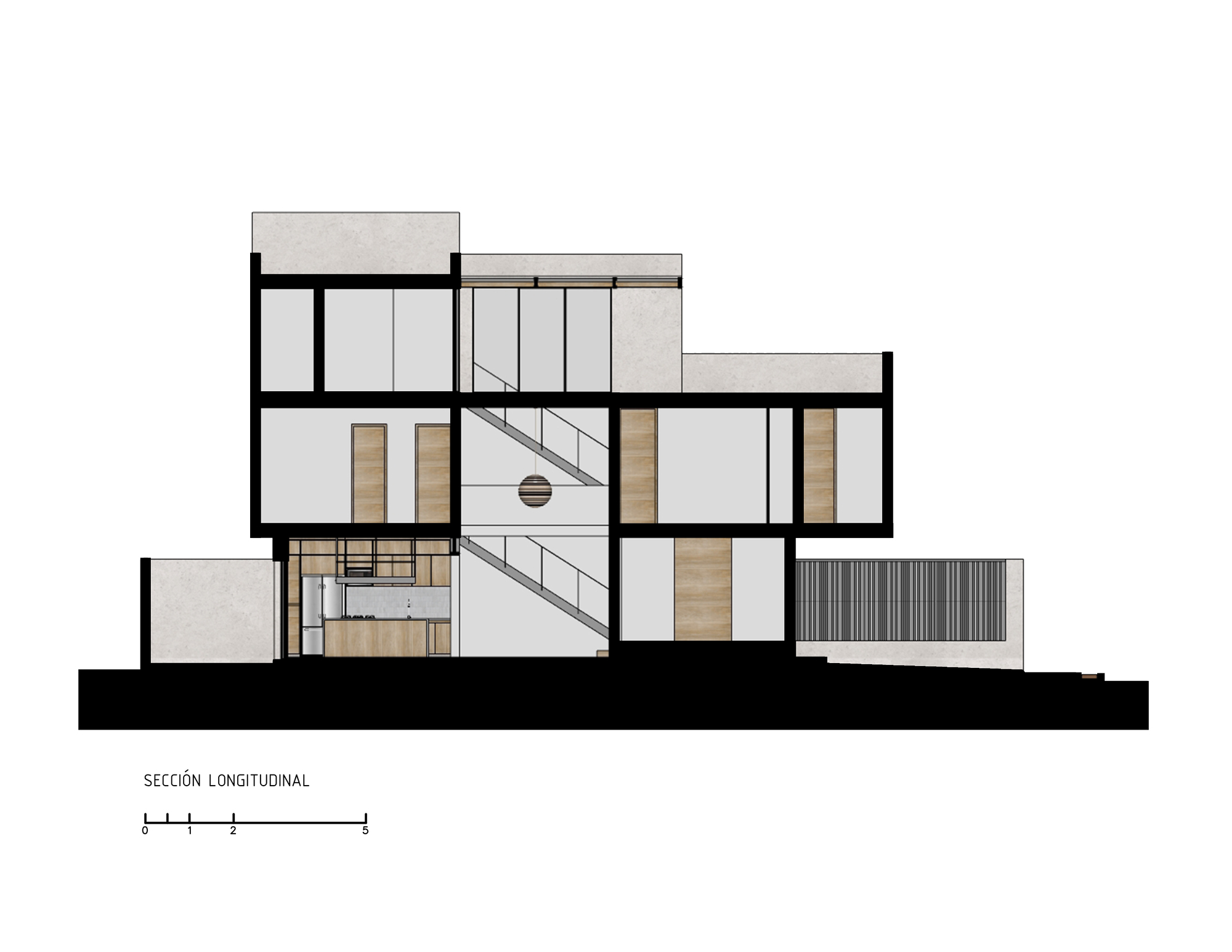 Longitudinal section illustrating the staggered floor plates and the vertical circulation connecting all levels