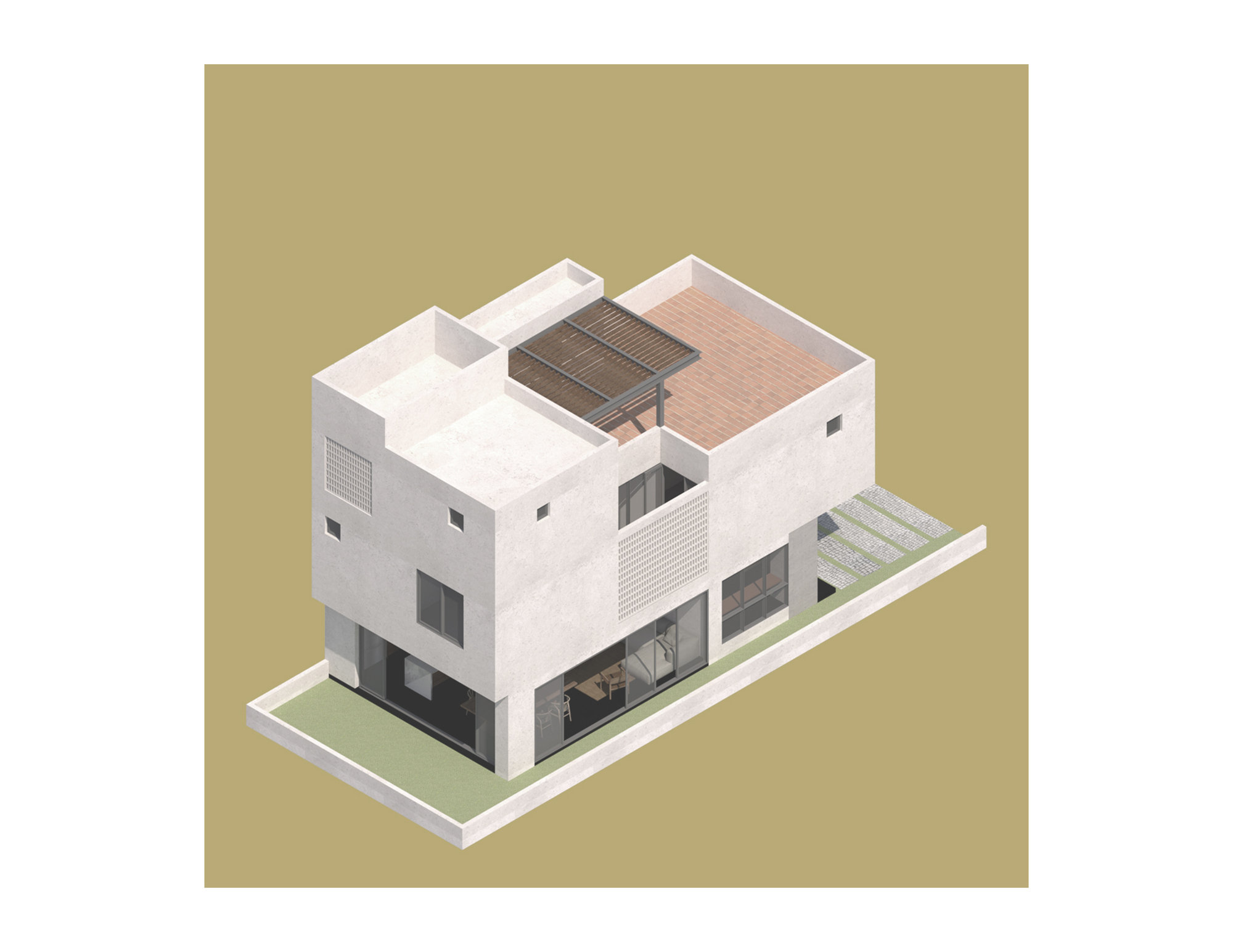 Axonometric drawing of the multi-level residence with white walls and a slatted rooftop screen