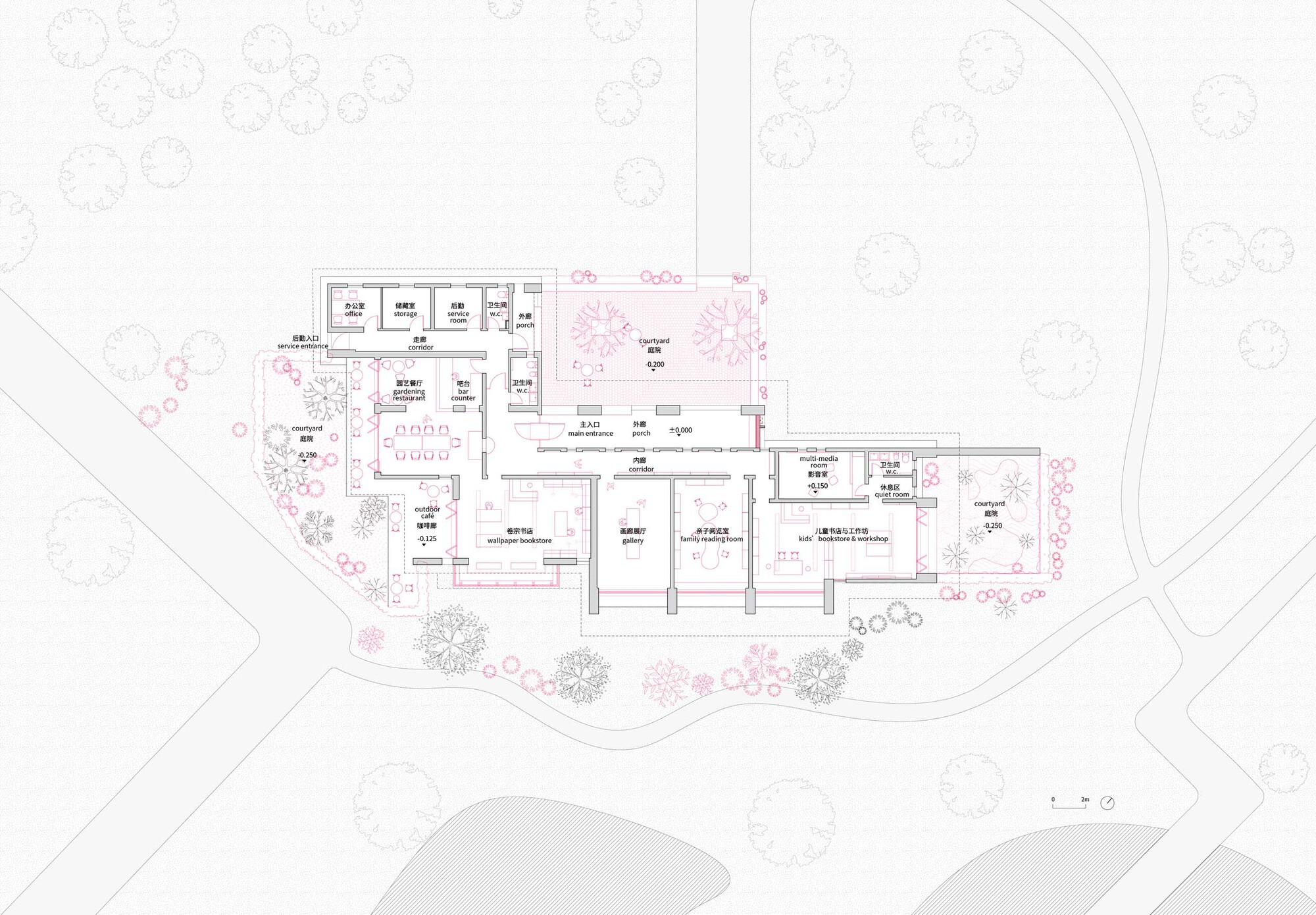 Floor plan drawing with room layouts, labeled spaces, and landscaping elements including trees and pathways