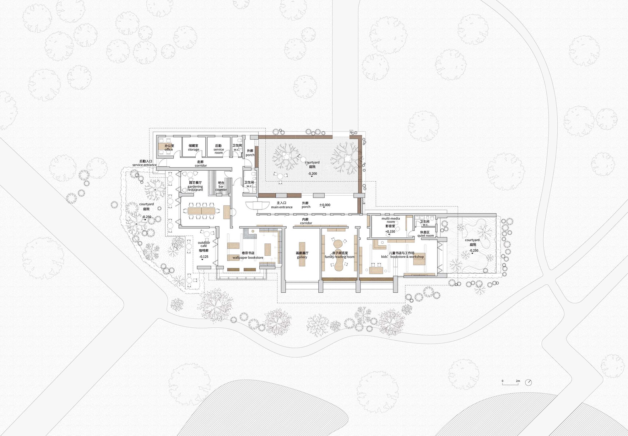 Floor plan drawing showing interconnected volumes arranged around courtyards with scattered trees