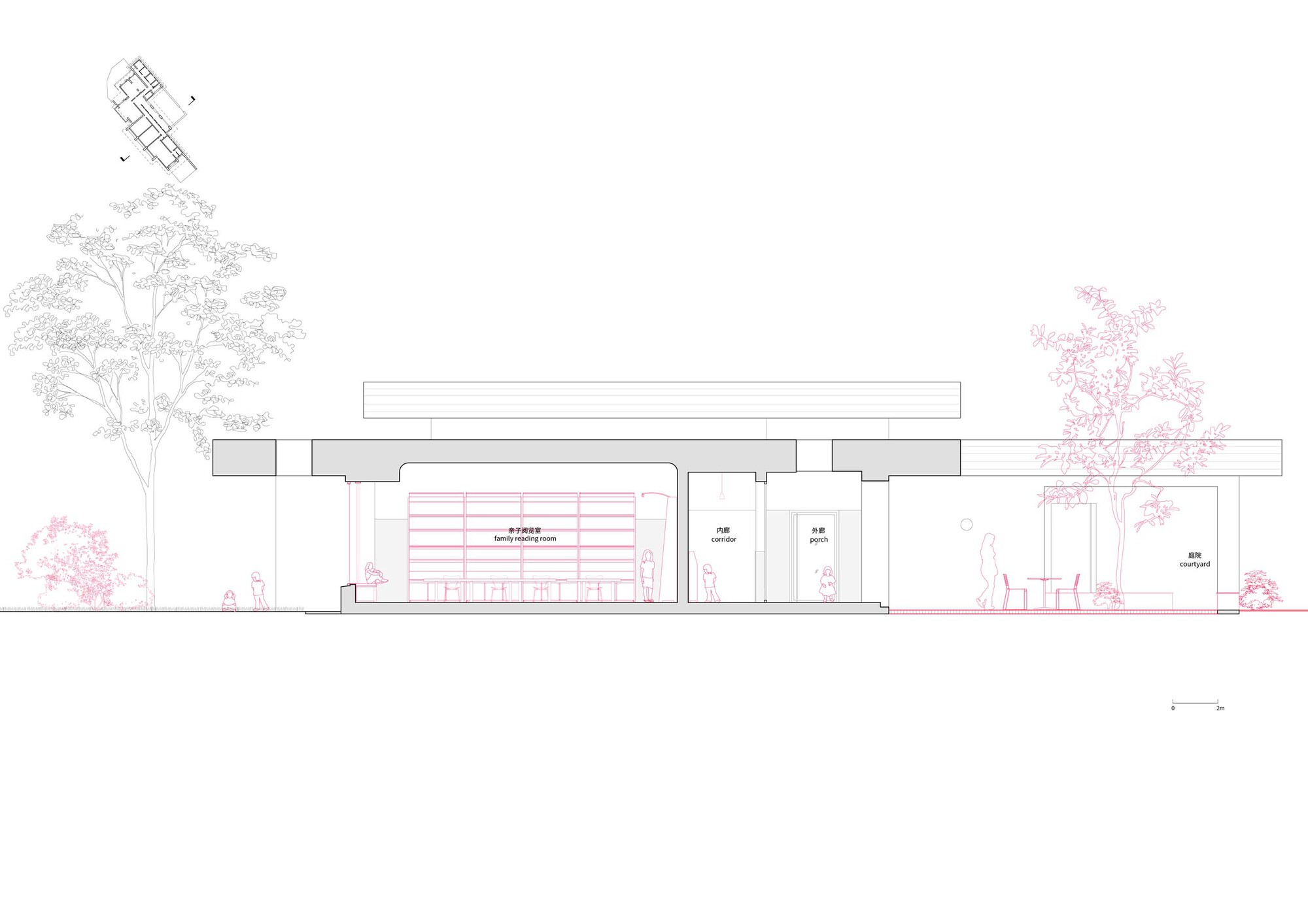 Sectional elevation drawing revealing flat roof volumes with flanking trees on either side