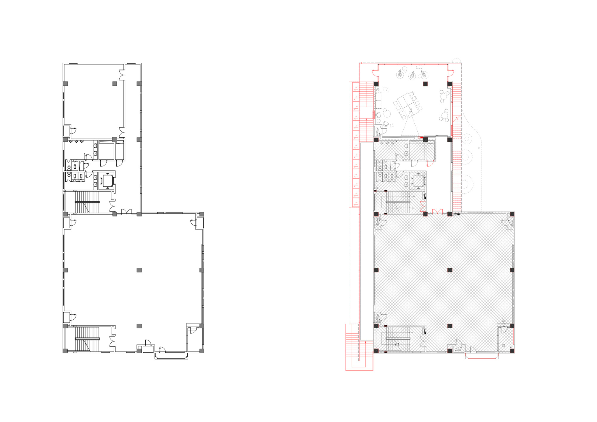 Floor plan drawing showing two levels with stairs, service areas, and large open spaces